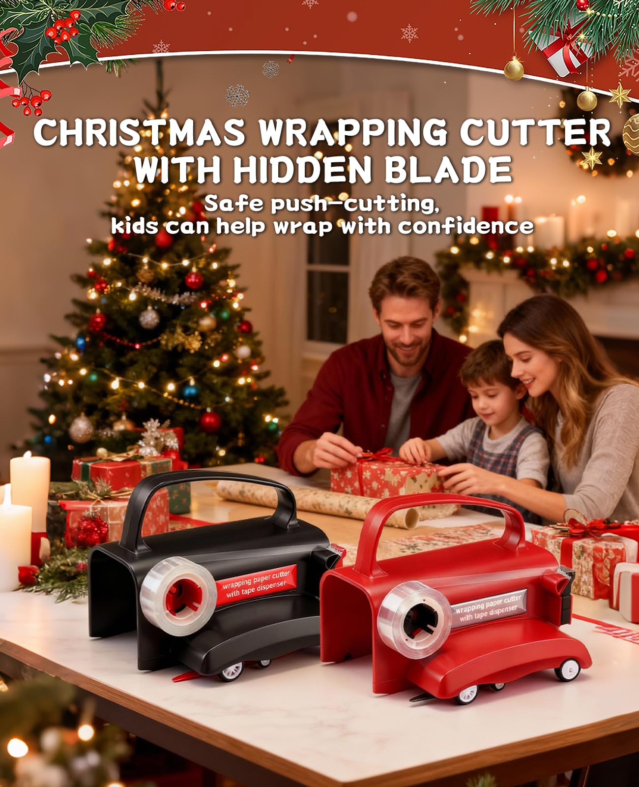 Upgrade 2 Pack Wrapping Paper Cutter with Tape Dispenser, Gift Wrap Cutter Tool with Wheels, 2 Replace Blades & 4 Tapes Kit for Christmas Paper Rolls Wrapping, Safe & Efficient for Precise Cutting