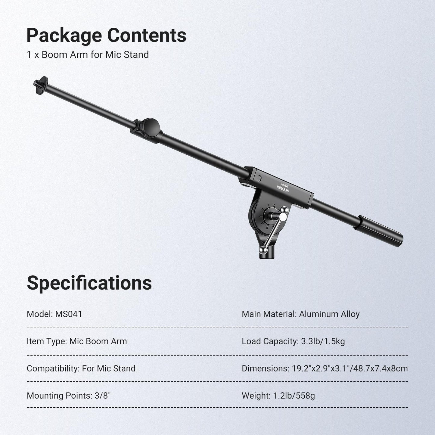 NEEWER Microphone Boom Arm for Mic Stand, Aluminum Compact Lightweight Portable Telescopic Extension Pole, 1/4" Screw & 3/8" Spigot for Universal Mics Adapter Mount Accessories, Max Load 3.3 lb, MS041