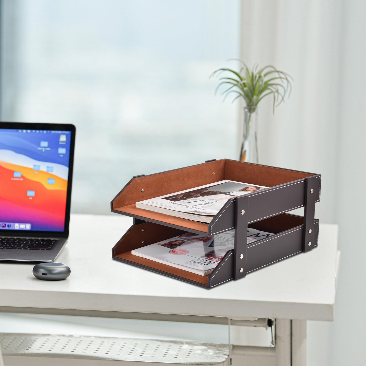 Leather Desk File Supply Organizer,Stackable Office File Document Tray for Files, Folder, Stationery, Magazine, Newspaper, Mail, Home Sundries Desktop Organization Holder,Coffee