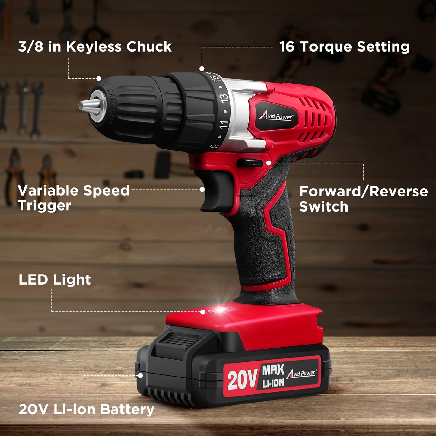 AVID POWER Cordless Drill Set, 20V MAX Electric Battery Power Drill/Driver Kit with Battery and Charger, 3/8-Inch Keyless Chuck, Variable Speed, 16 Position and 22pcs Drill Bits (Red)