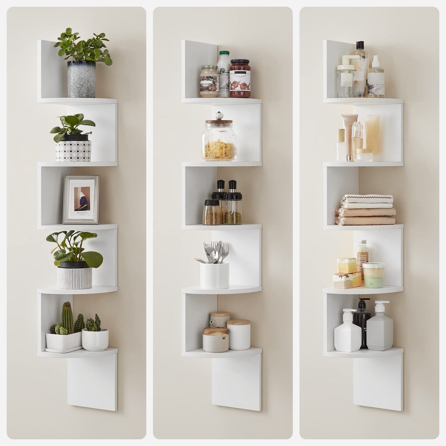 VASAGLE Custos Collection - Corner Shelf Wall Mount, 5-Tier Floating Corner Bookshelf, Plant Shelf for Bedroom, Living Room, Bathroom, Home Office, Cloud White ULBC72WT