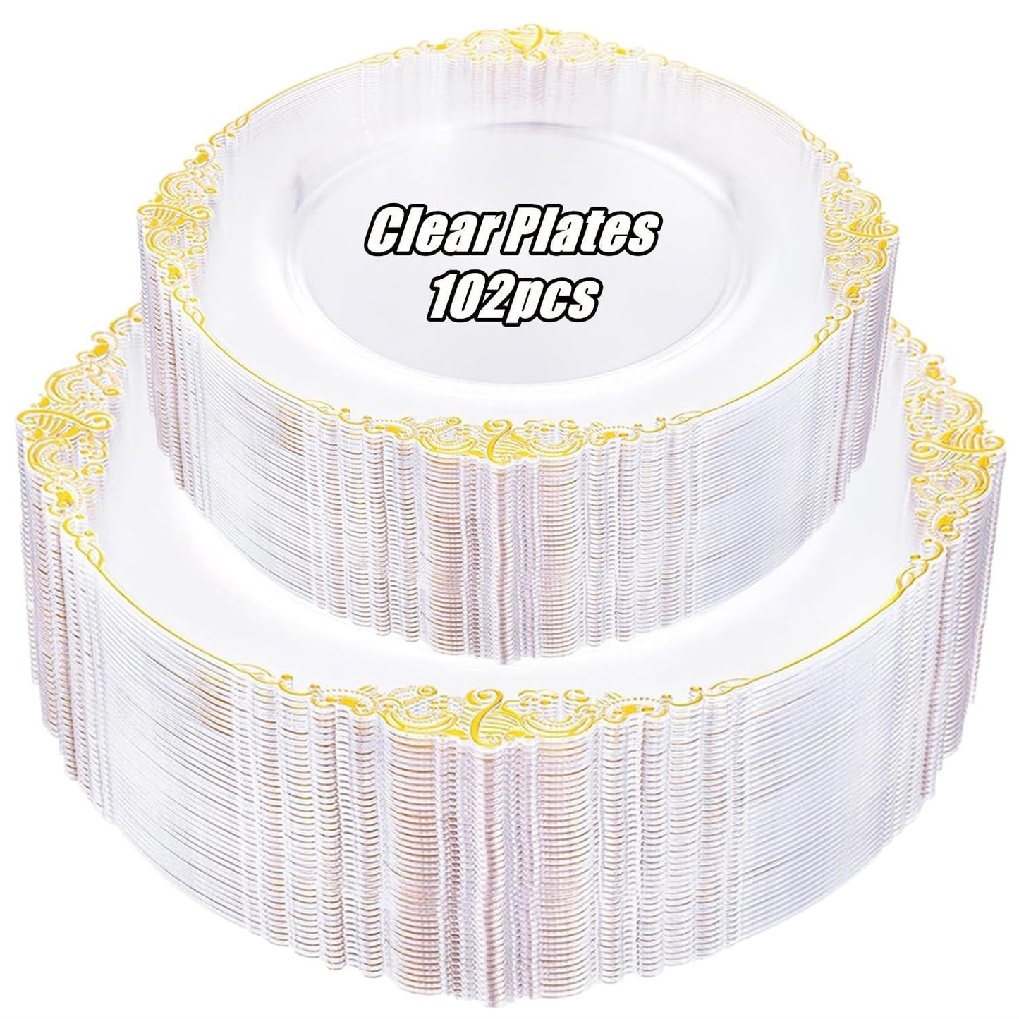 51 Set Clear Plastic Plates with Gold Rim, 10 Inch Dinner Plates and 7.5 Inch Dessert Plates for Wedding, Christmas, Shower, Gathering