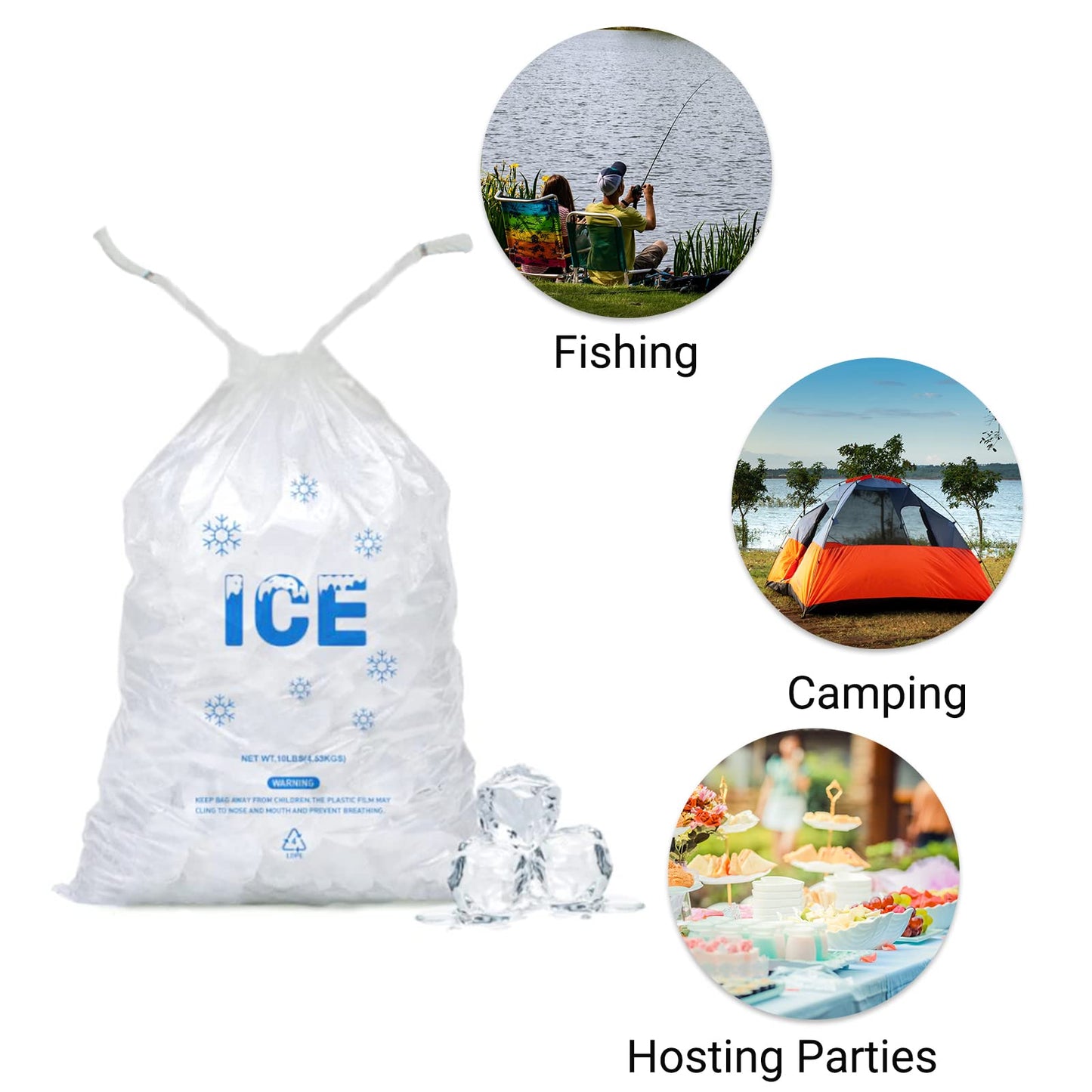 Belinlen 100 Pack 10 lb. Plastic Drawstring Ice Bags 12 x 21 Inch Heavy-Duty Plastic Ice Bags with Cotton Draw String (2mil Thickness)