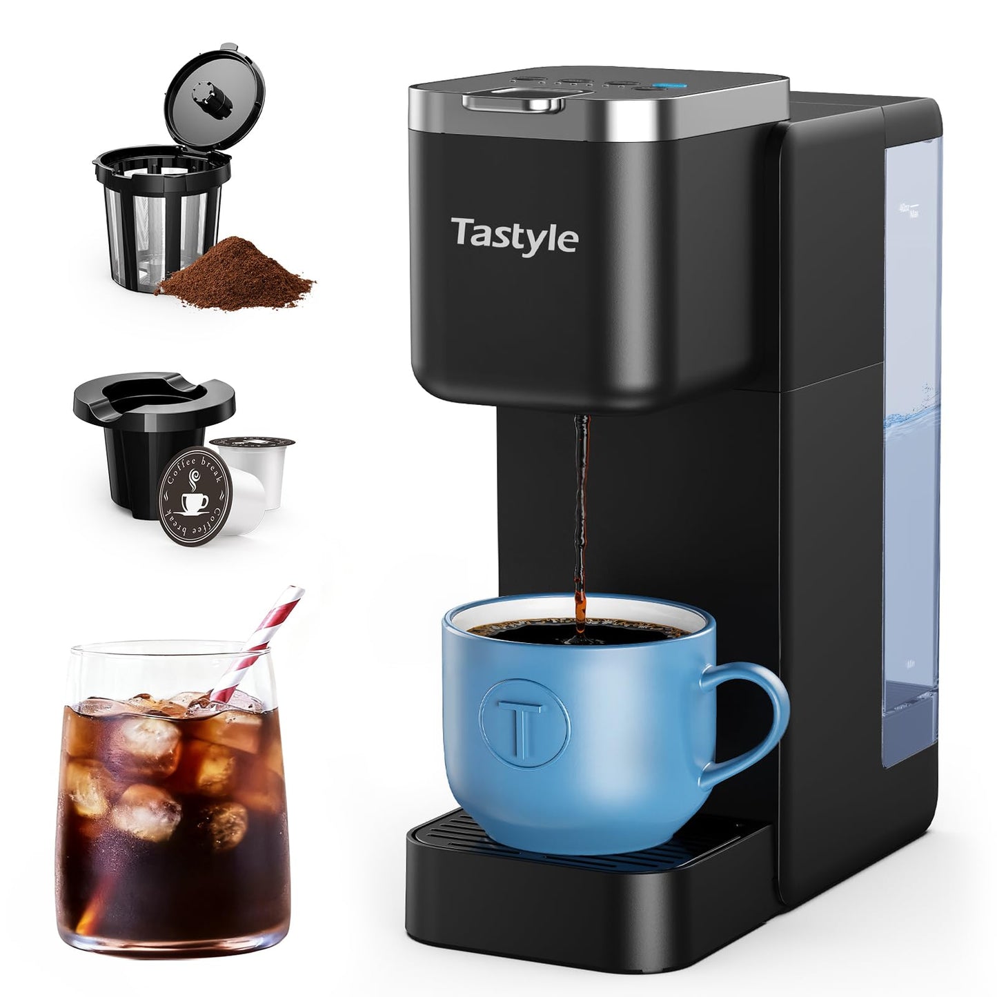 Tastyle Single Serve Hot & Iced Coffee Maker with Strong Brew, 40oz Removable Reservoir, 6 Brew Sizes, Compatible with K Cup and Grounds, Compact for Home, Office, RV and Dorm, BK, Black (2.0 Version)