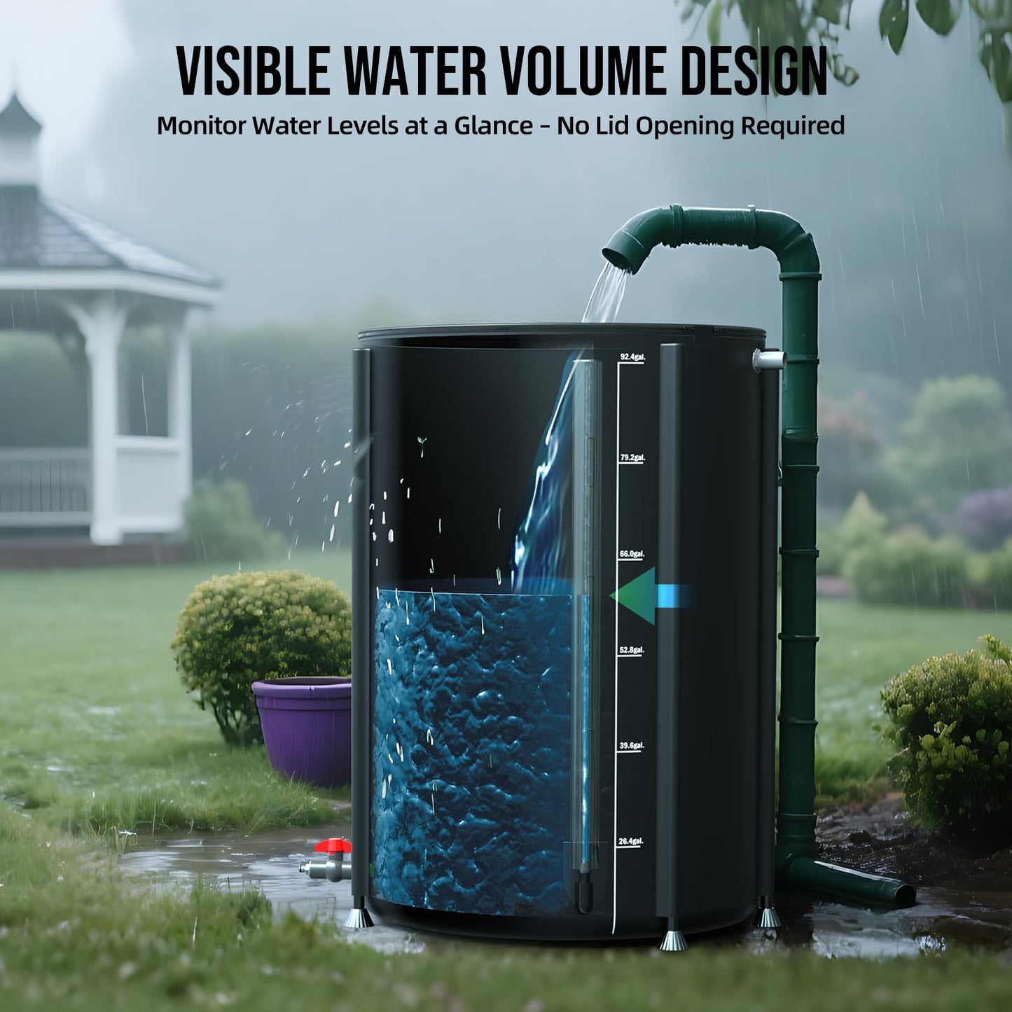 Collapsible Rain Barrel Water Collection System - 100 Gallon Portable Water Storage Tank,Foldable Rainwater Collect System Downspout, Water Catcher Container with Filter, Spigots&Overflow Kit,Black