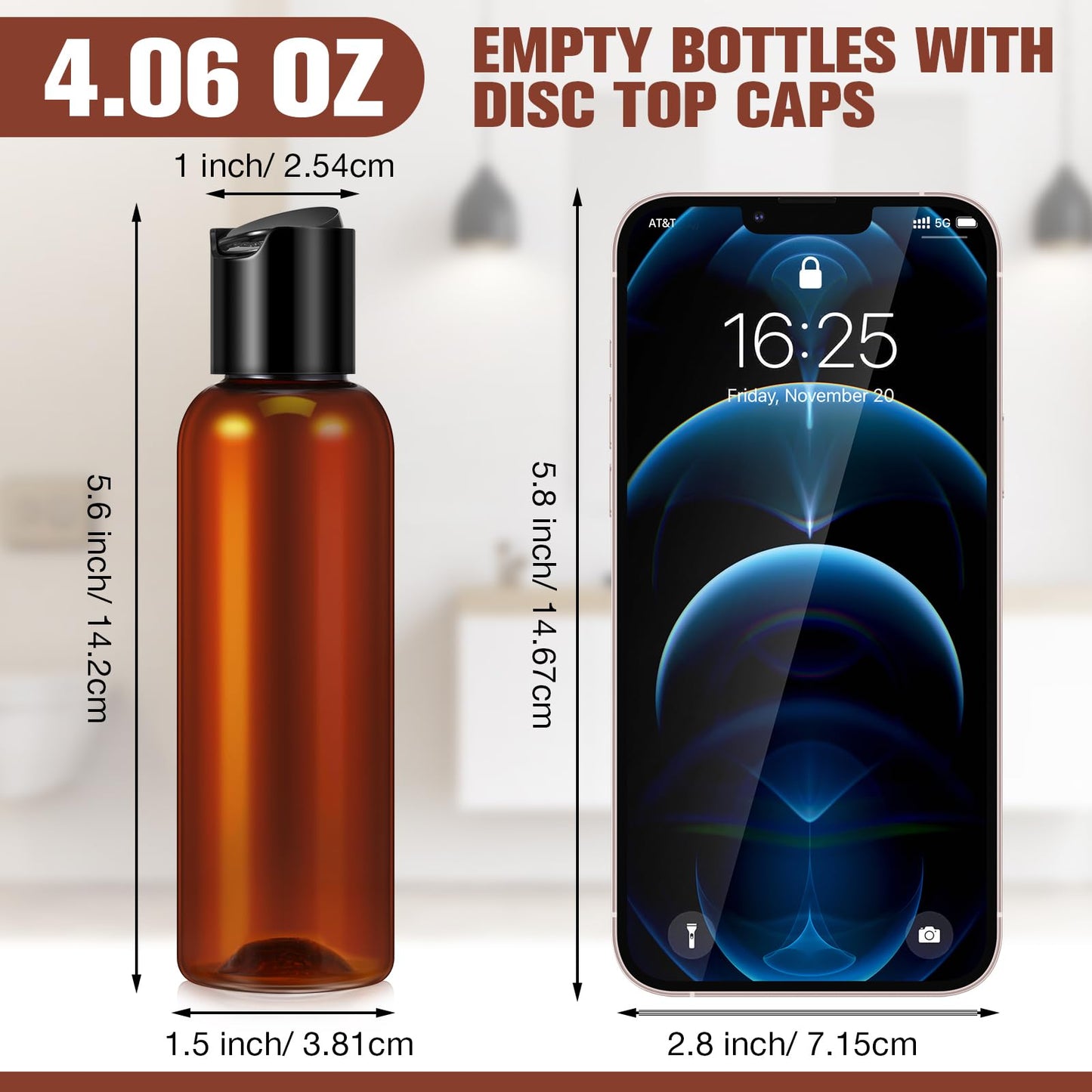 50 Pieces 4oz Plastic Squeeze Bottles with Disc Top Flip Cap Empty Amber Refillable Containers Small Travel Toiletry Bottles for Lotion Shampoo Oil Body Soap Creams