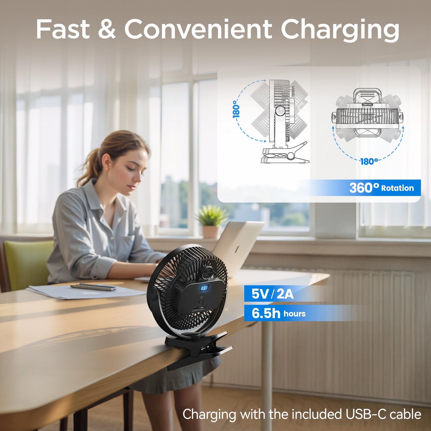 EasyAcc 10000mAh Desk Clip on Fan, Max 37 Hours Portable Rechargeable Fan,with 5 Speeds,Digital Display, Strong Airflow Sturdy Clamp, for Camping Tent Golf Cart Treadmill Travel 8-Inch Black