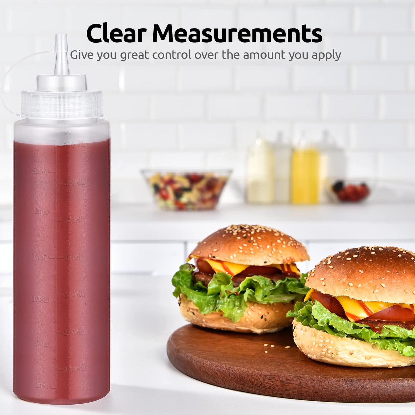 24 OZ Condiment Squeeze Bottles: U-Taste Sauce Bottles with Twist on Caps and Measurement, Leakproof Squirt Reusable Plastic Oil Container Dispenser for Ketchup, BBQ, Salad, Dressing (Pack of 6)