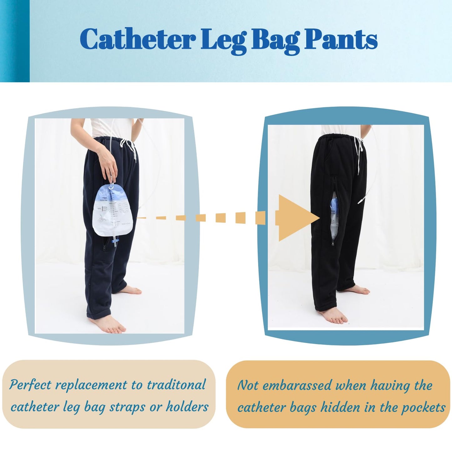 Catheter Leg Bag Pants, Urine Bag Holder Pants for Men/Women, Double Zippered Pockets Holding two 2000ml Catheter Bags for Nephrostomy, Cystostomy, Foley (L, Grey)