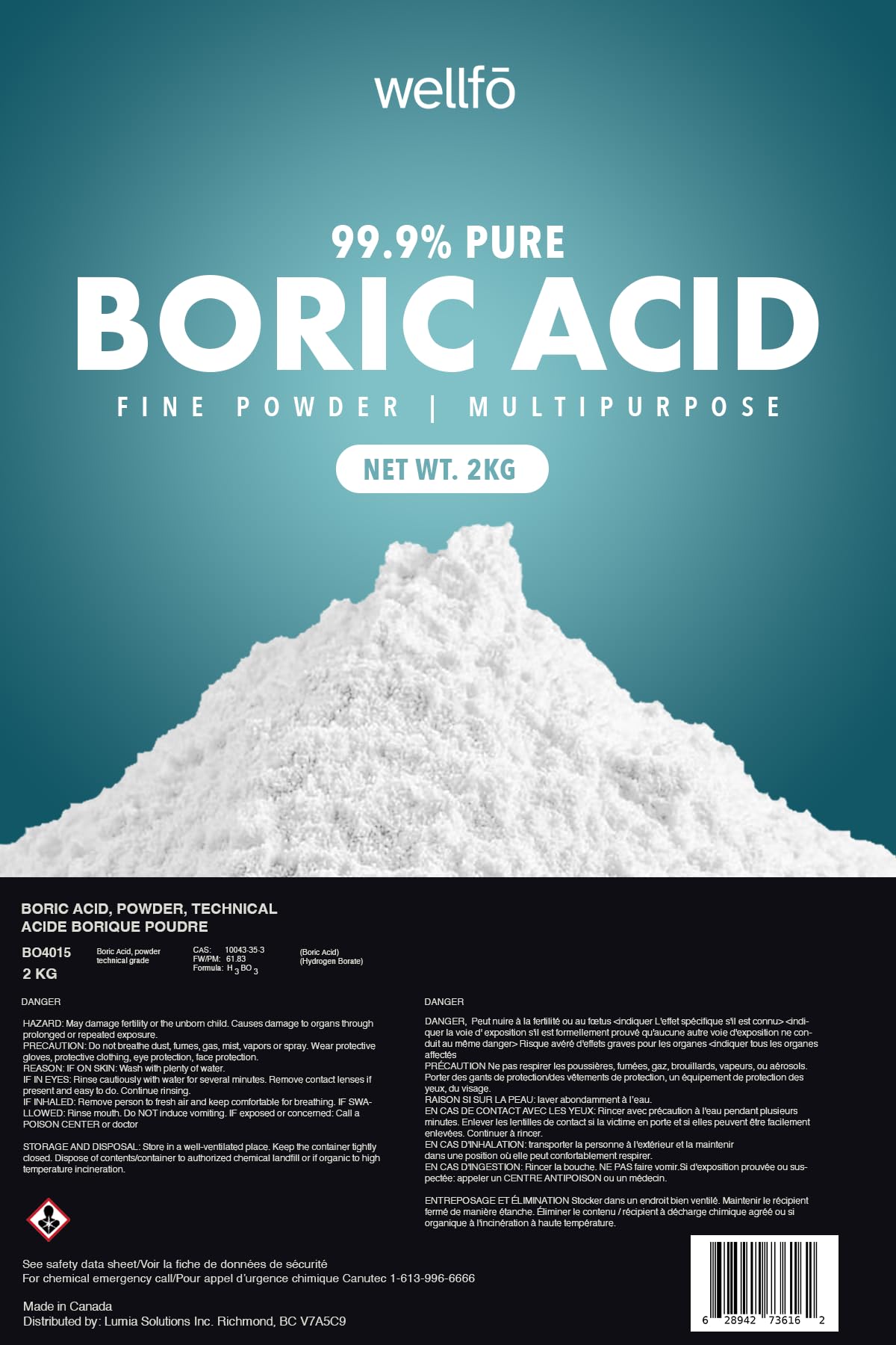 WELLFO 99.9% Pure Boric Acid Fine Powder | Multi-Purpose Household Kitchen Cleaner | Commercial Grade Strength | Anhydrous (2 Kilograms)