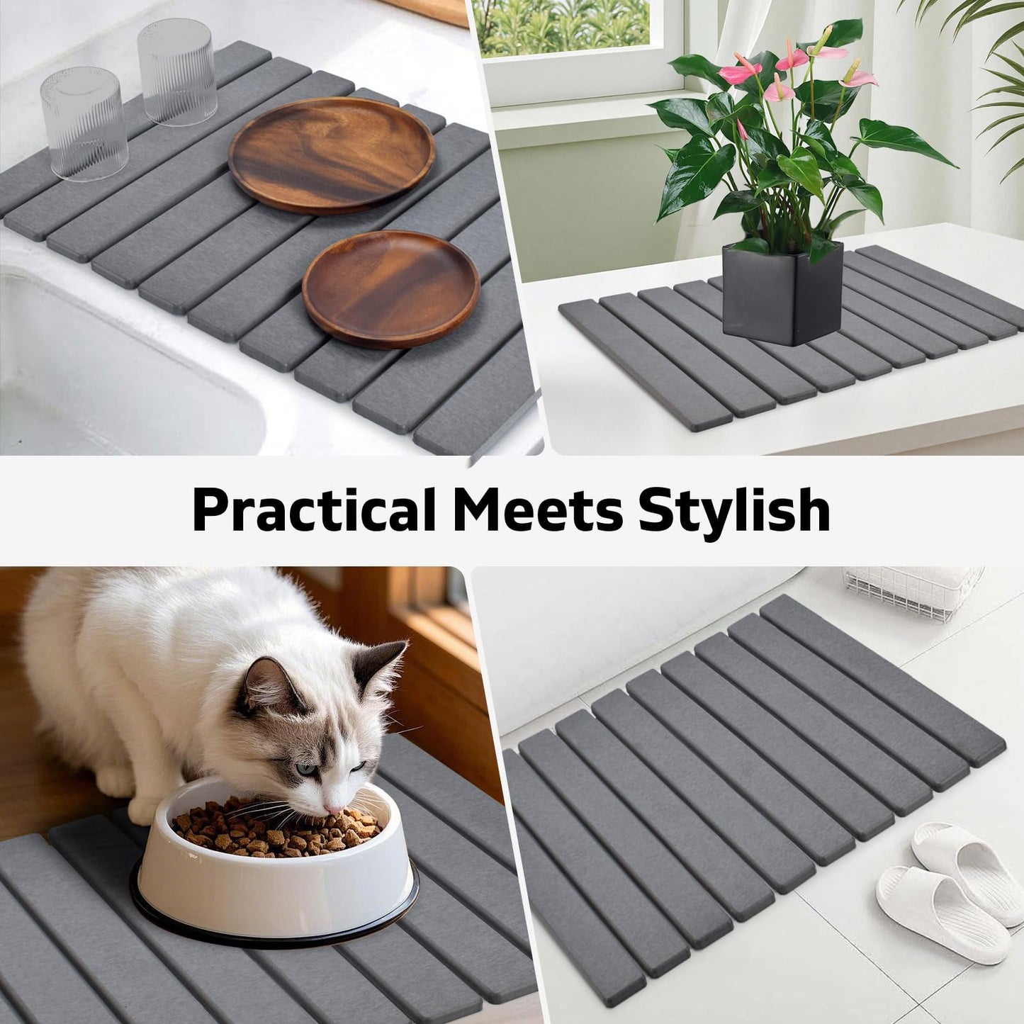 Large Stone Dish Drying Mats for Kitchen Counter, 61"×41" with 20"x 10" Coasters, Super-Absorbent, Quick-Dry, Collapsible Diatomaceous Earth, Used for Holding Tableware, Bottles and Cups【Gray】