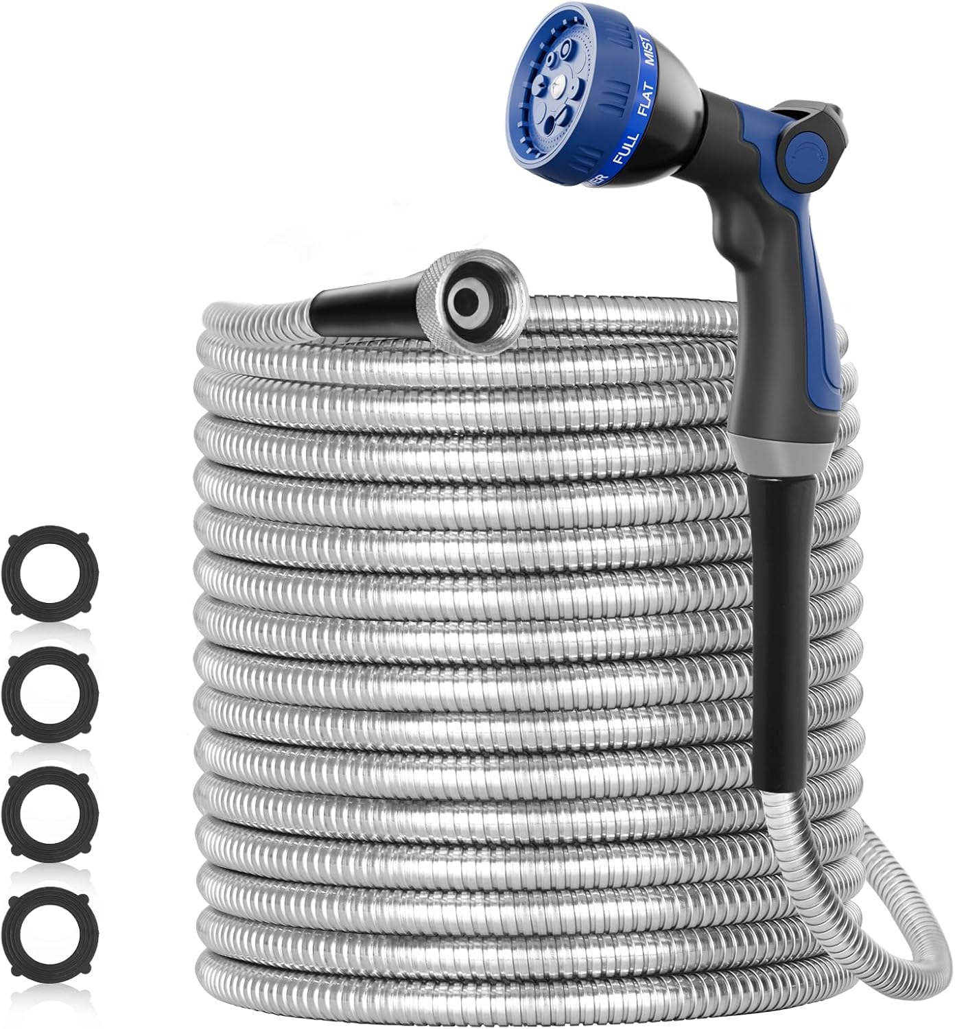 SPECILITE 100ft 304 Stainless Steel Metal Garden Hose, Heavy Duty Water Pipes with Nozzle for Yard, Outdoor - Flexible, Never Kink & Tangle, Puncture Resistant