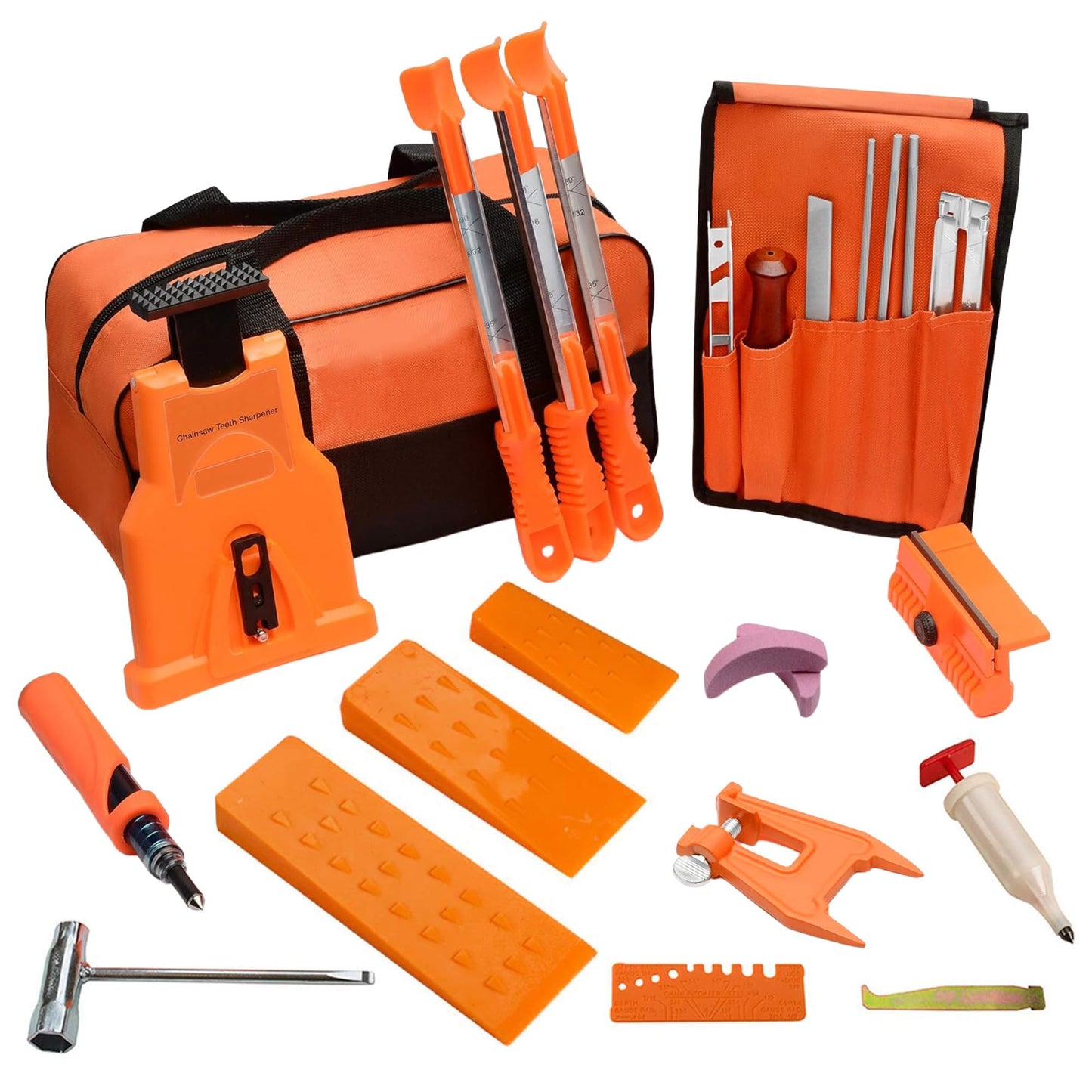 MeasuPro Chainsaw Sharpening Kit - 7 Piece Set with Round Files (5/32", 3/16", 7/32"), Flat File (6"), Handle, Filing Guide, and Travel Pouch - Complete Chainsaw Maintenance and Sharpening Solution