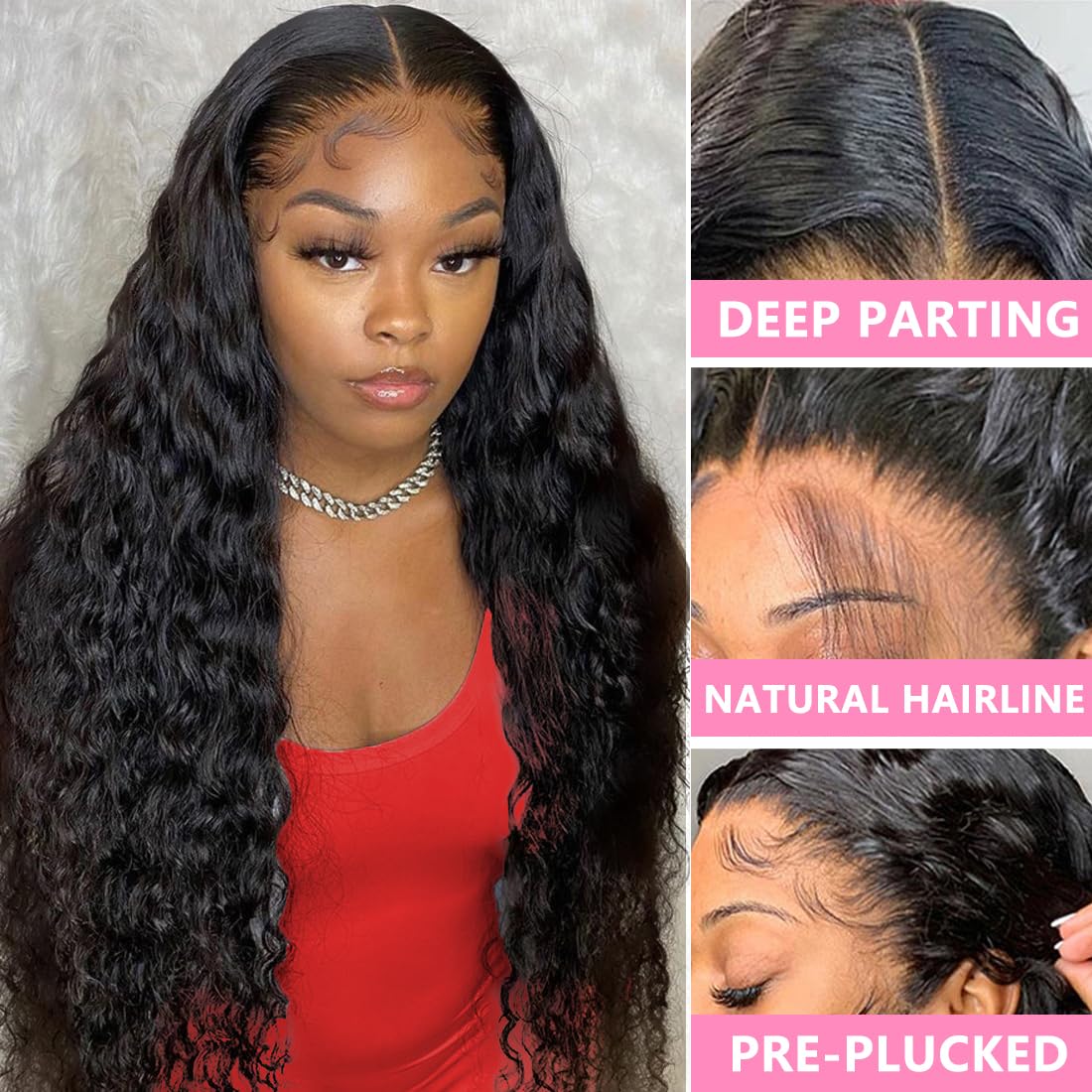 Deep Wave Lace Front Wigs Human Hair 16 Inch 13x4 Lace Frontal Closure Wigs for Woman Human Hair Glueless Pre Plucked with Baby Hair Brazilian Virgin Human Hair Wig 150% Density Natural Black