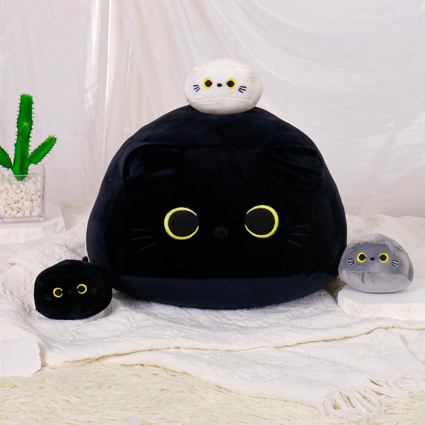 WeBingo Black Cat Plush Toy 4PK, 16'' Giant Cat Stuffed Animal Plushies Pillow with 3 Babies for Girl Boy Kid Adult, Large Big Soft Gift for Birthday Christmas Valentine's Day Home Decor