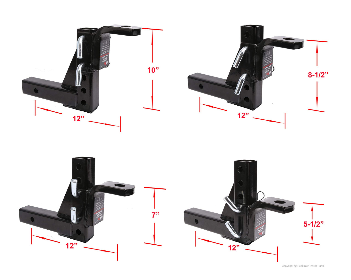 PEAKTOW Adjustable 8-Position Trailer Ball Mount Fits 2” Receiver, 9-1/2” Drop and 10” Rise, 5000lbs. GTW Capacity PTT0061