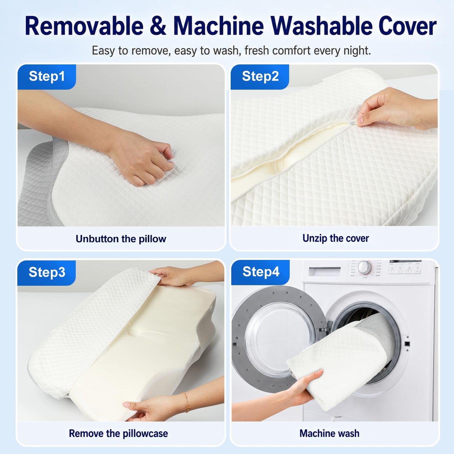 Cervical Pillow for Neck Pain Relief, Memory Foam Neck Support Pillow for Sleeping, Ergonomic Orthopedic Contour Bed Pillow with 2 Heights, Breathable Washable Cover for Side Back & Stomach Sleepers