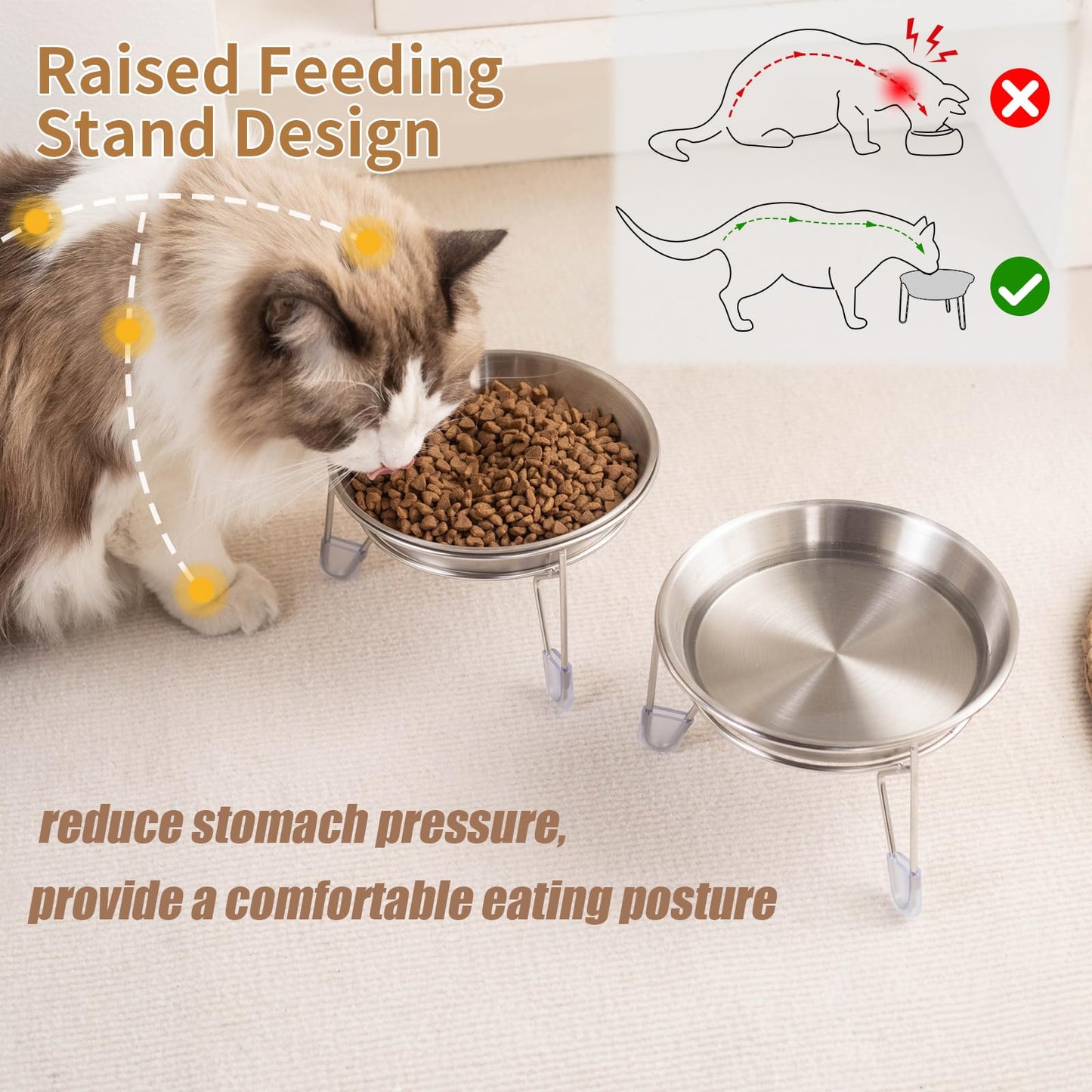 Elevated Cat Bowls,6.7" Extra Wide Raised Stainless Steel Cat Food Bowls with Anti-Slip Metal Stand Whisker Friendly Water Dishes for Indoor Cats and Small Dogs-2pack