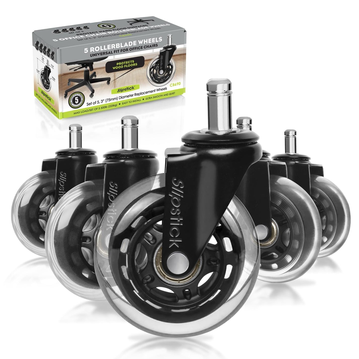 Slipstick CB690 Floor Protecting Rubber Office Chair Caster Wheels (Set ff 5), Roller Style, Universal 7/16" Stem, 3" Black Castors