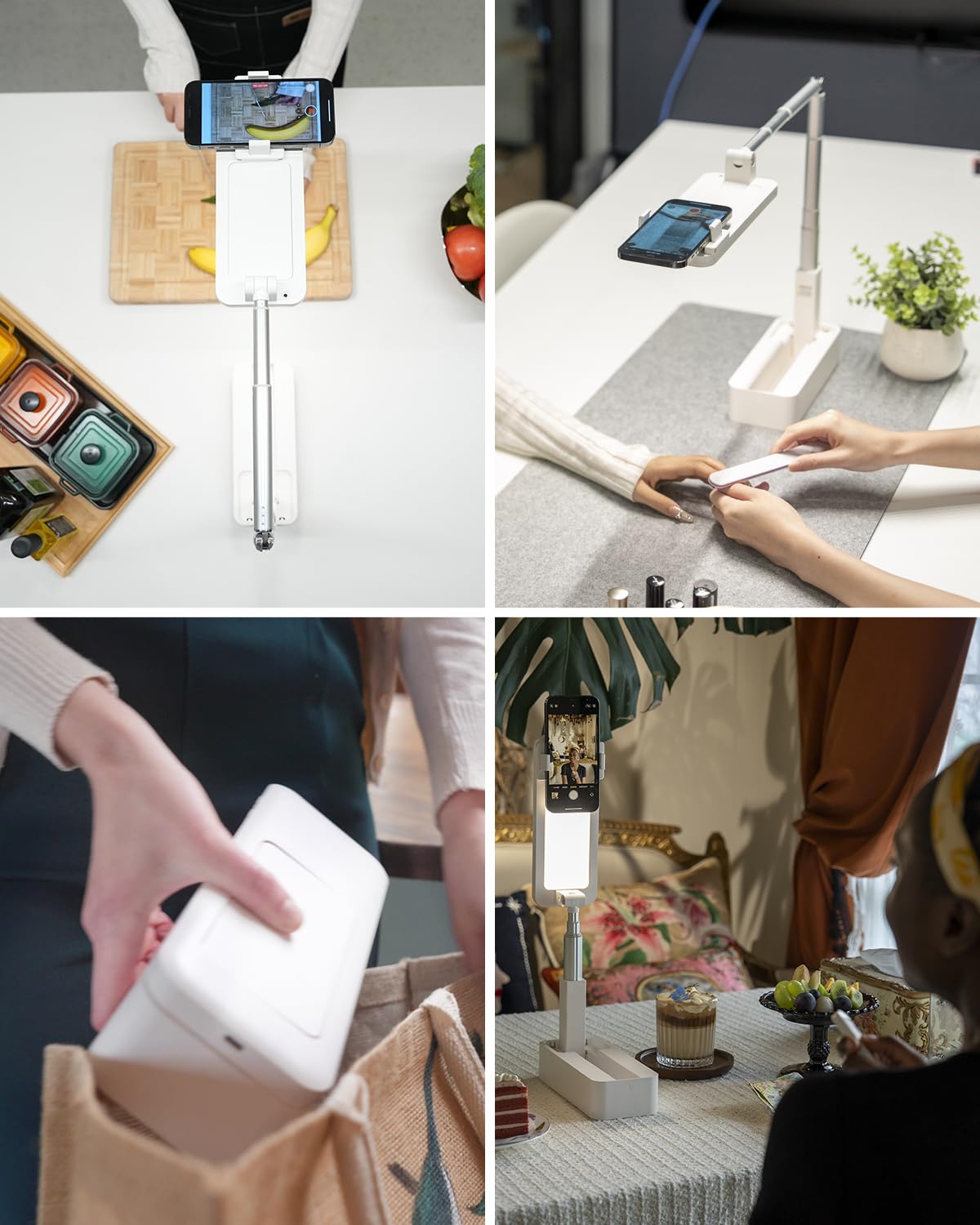 SupeDesk Phone Stand for Recording, Overhead Phone Stand with LED Light, 360° Rotation - Adjustable Portable Tripod for iPhone, Remote - Compatible with 3.5-6.7" iPhones, White