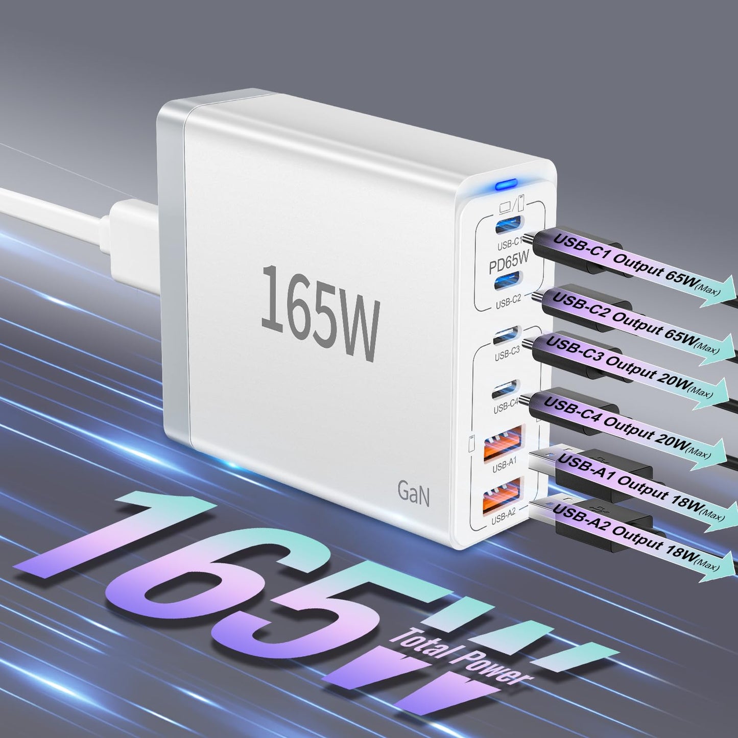 165W USB C Charger Block • 6 Port PD Fast Charging Station • GaN Laptop Wall Plug • 65W Type C Multi Power Adapter Hub Box Brick Compatible with MacBook Pro/Air, iPad,iPhone, Pixel, S23 S22