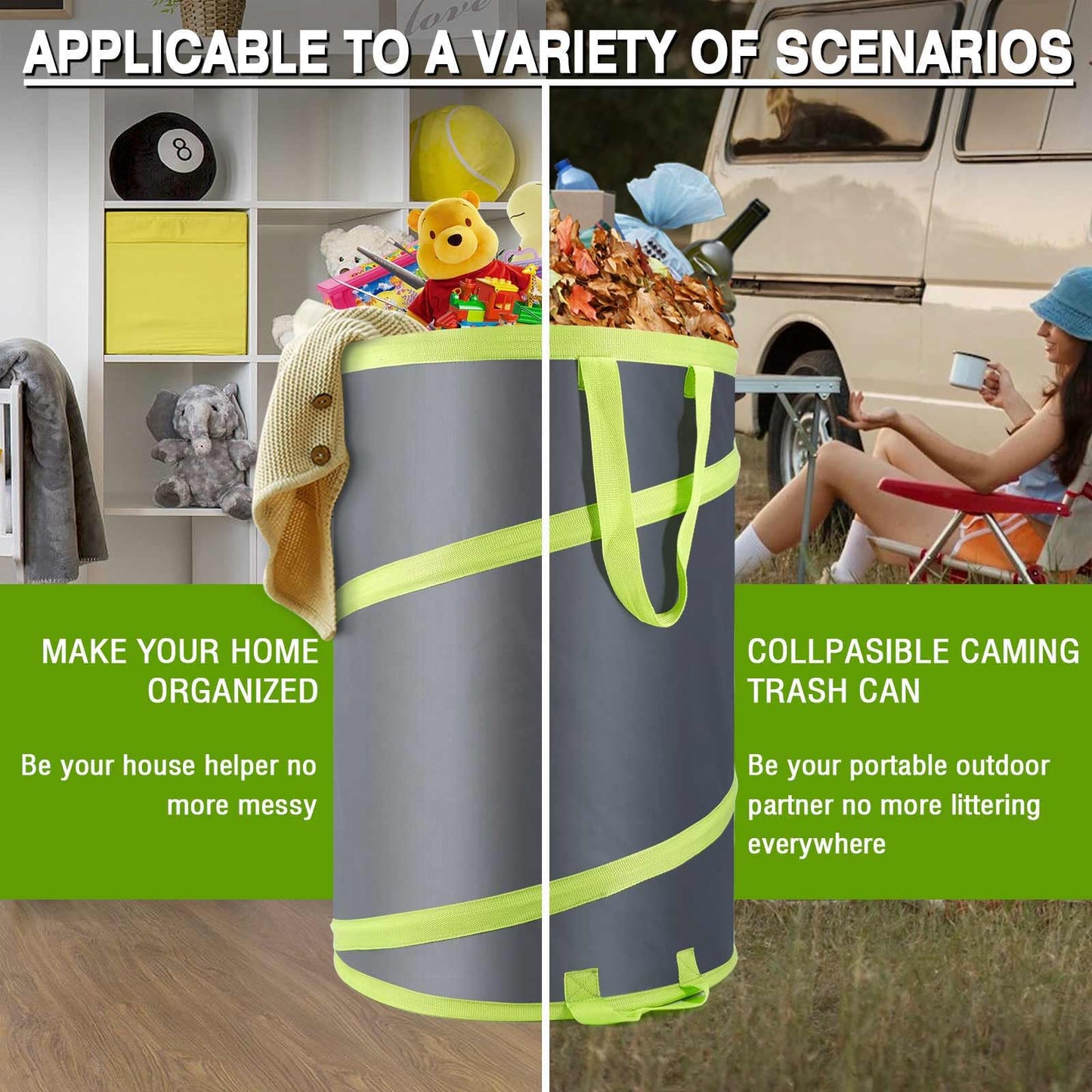 Altdorff Collapsible Trash Can Camping, Yard Waste Bags 2 Pack, Leaf Bag Resuable Pop Up, 120L Large Collapsible Garden Bag with Drain Holes and Drawstrings for Windy Days