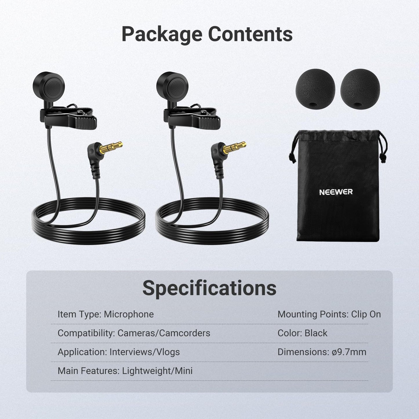 NEEWER ø9.7mm Lavalier Microphone (2 Pack), 3.5mm TRS Clip On Lapel Wired Omnidirectional Condenser Lav Mic with 1.5m Cable & Windscreen for Video Recording, Vlogging, Filming, LM10