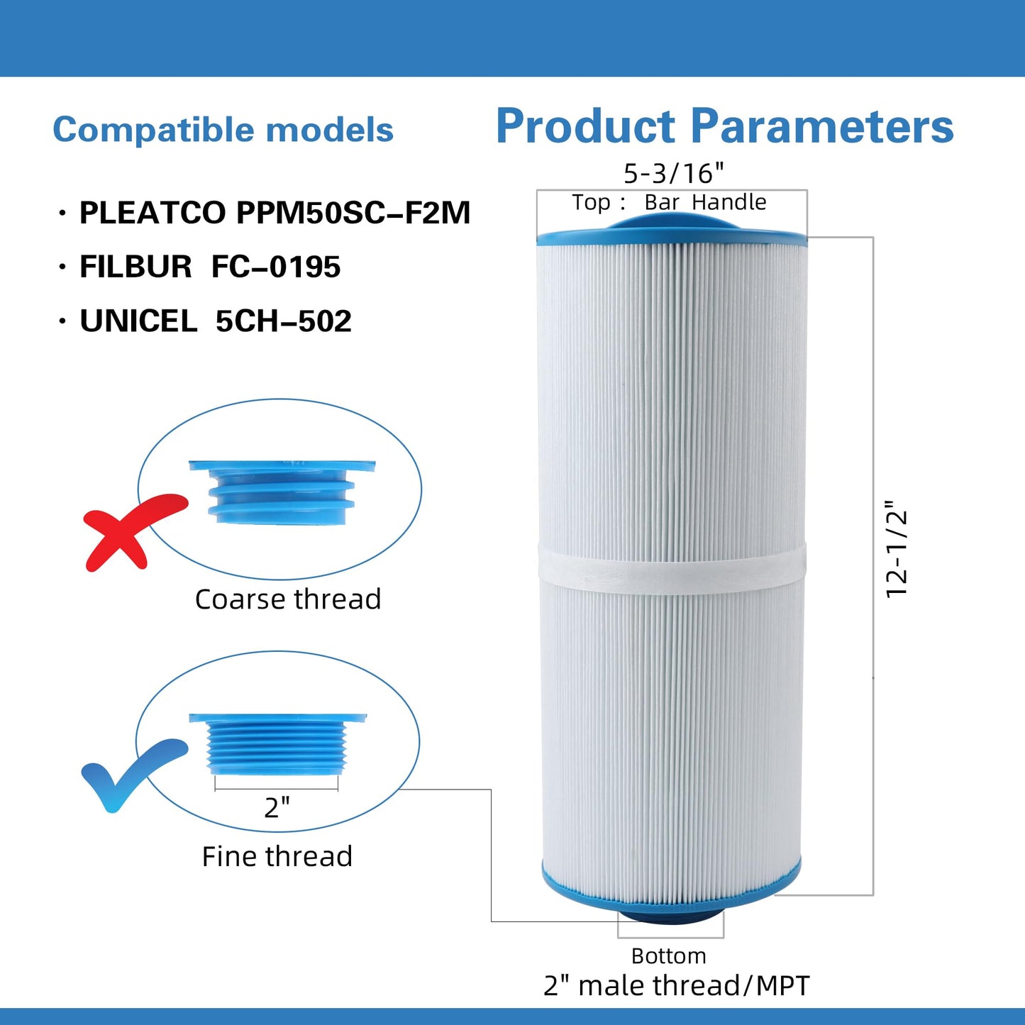 AmiBron 5CH-502 Replaces Marquis Spa Filter, Compatible with PPM50SC-F2M, FC-0195, Marqui spa 20041, 20091, 370-0237 2" Male Fine Thread 50 sq.ft. C-5303 Model Hot Tub Filter 2 Pack