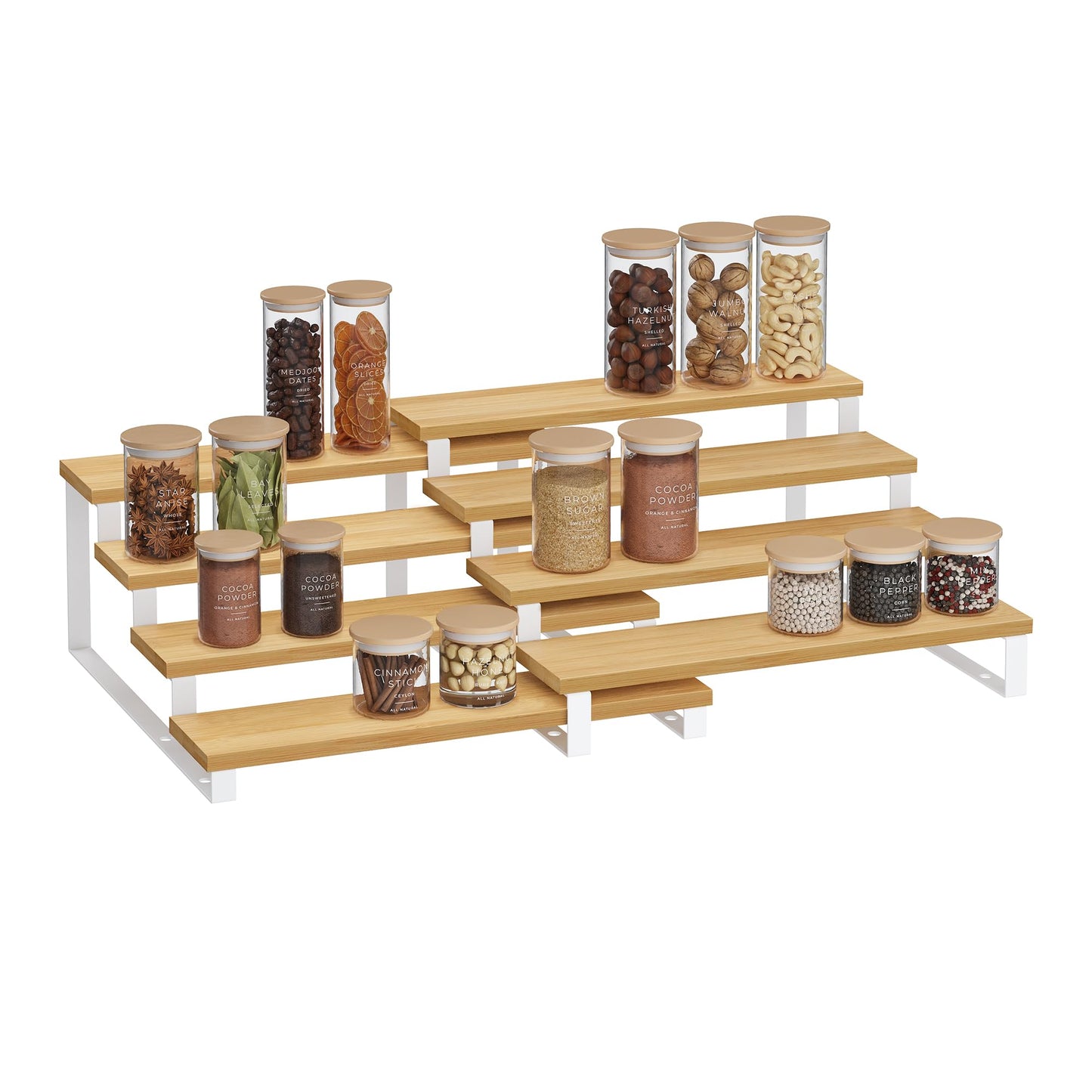 SONGMICS Display Risers, Set of 2 Engineered Wood Perfume Organizer Stand, 4-Tier Cupcake Stand Holder, Spice Rack, Shelf Risers for Figures, Dessert Shelves, Natural Beige and Cloud White UKCS216N02