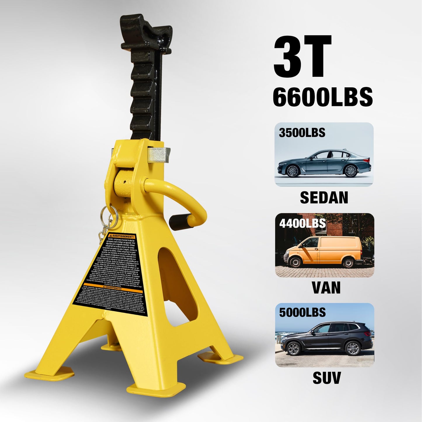 YELLOW JACKET Car Jack Stands with Double Locking and Large Foot Base for Lifting SUVS, Heavy Duty Steel, 3 Ton (6,600 lb) Capacity, 1 Pair