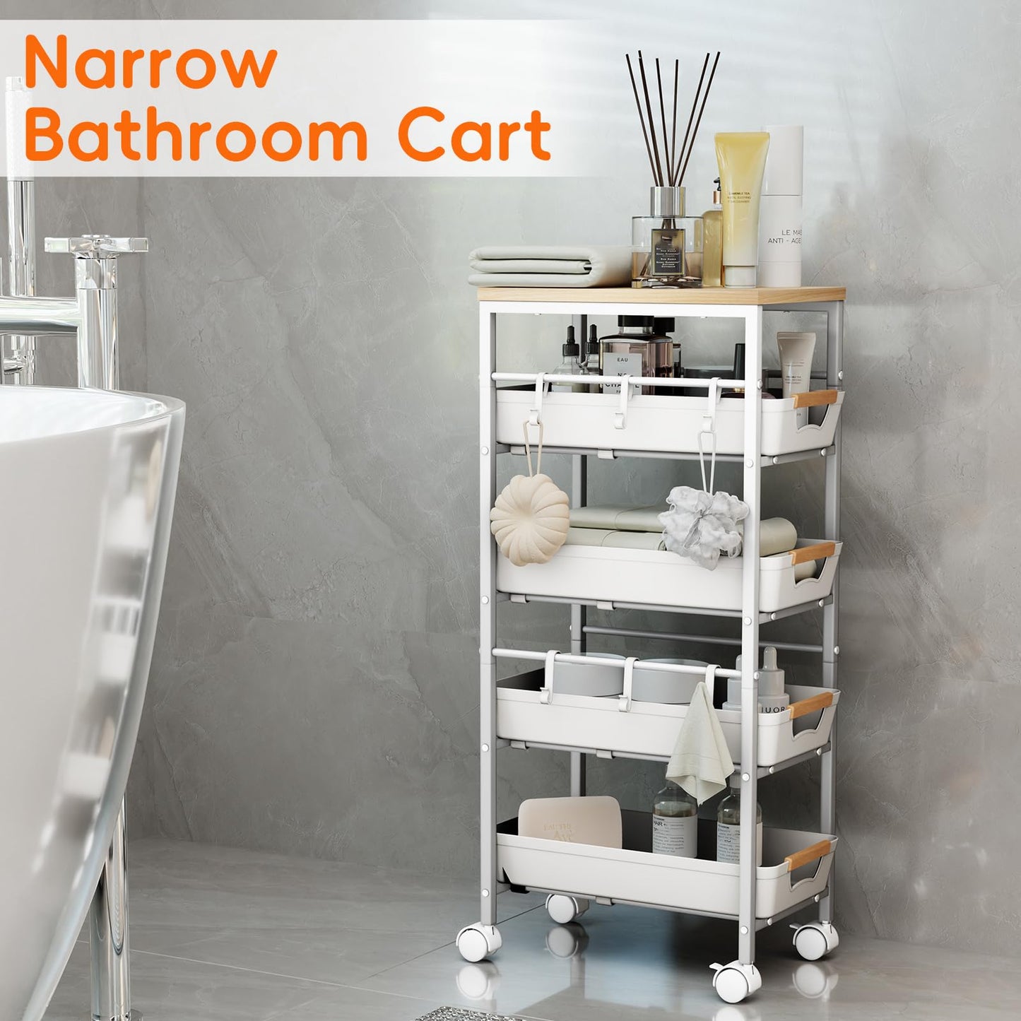 Landmok 5-Tier Slim Storage Cart, Wooden Top Rolling Kitchen Cart with Pull-Out Baskets & Wheels, Narrow Space Utility Cart Slide Out Organizer for Kitchen, Bathroom, Laundry Room, White