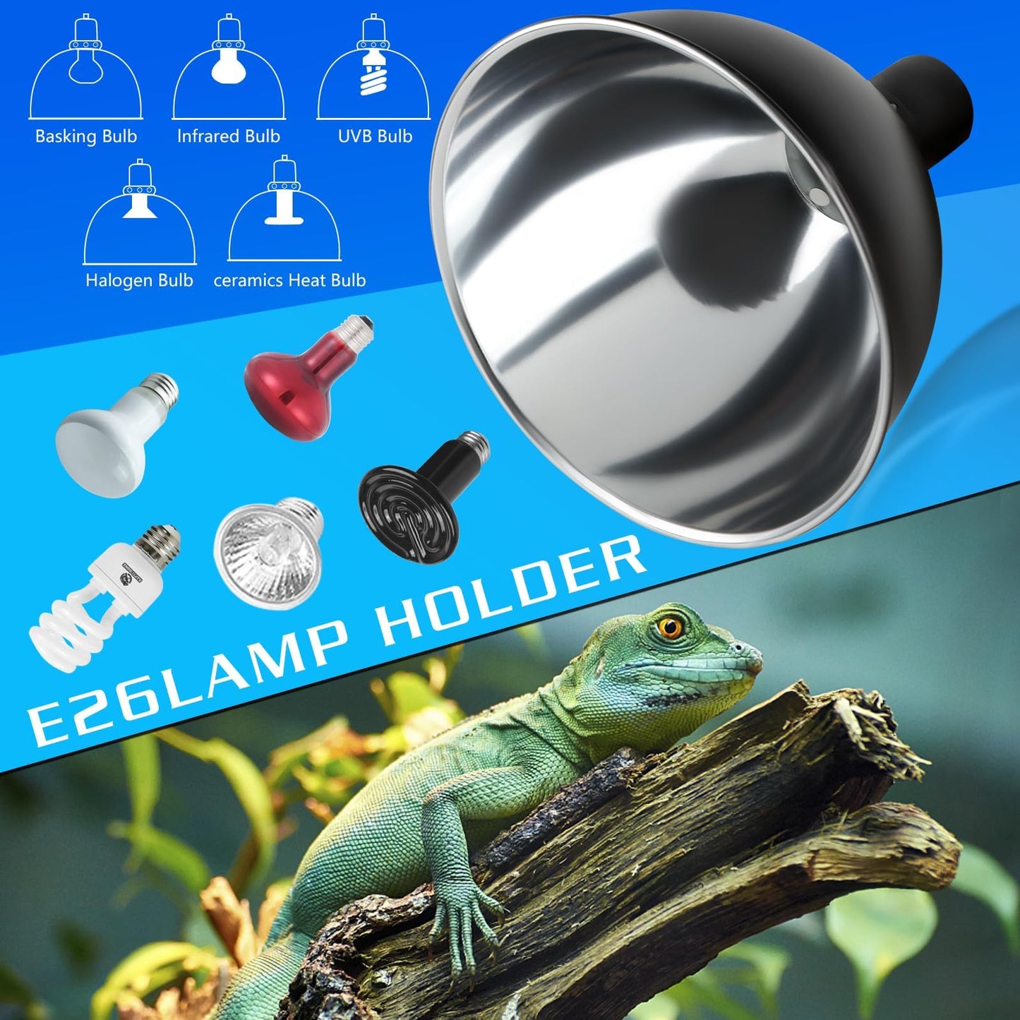 REPTI HOME Reptile Light Fixture - 8.5inch Dome Heat Lamp Fixture, UVB Heat Basking Lamp Fixture for Amphibian Reptile Terrariums