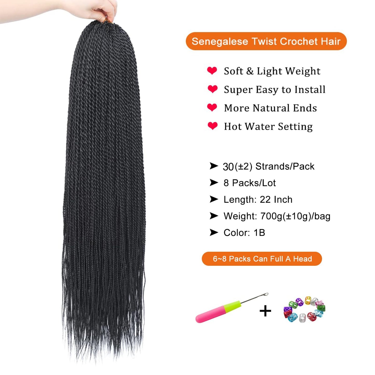 Black Senegalese Twist Crochet Hair - 8 Packs 22 Inch Small Crochet Hair for Braiding, 30 Strands/Pack Crochet Braids Hair For Black Women, Crochet Twist Hair Braiding Hot Water Setting (22inch, 1B)