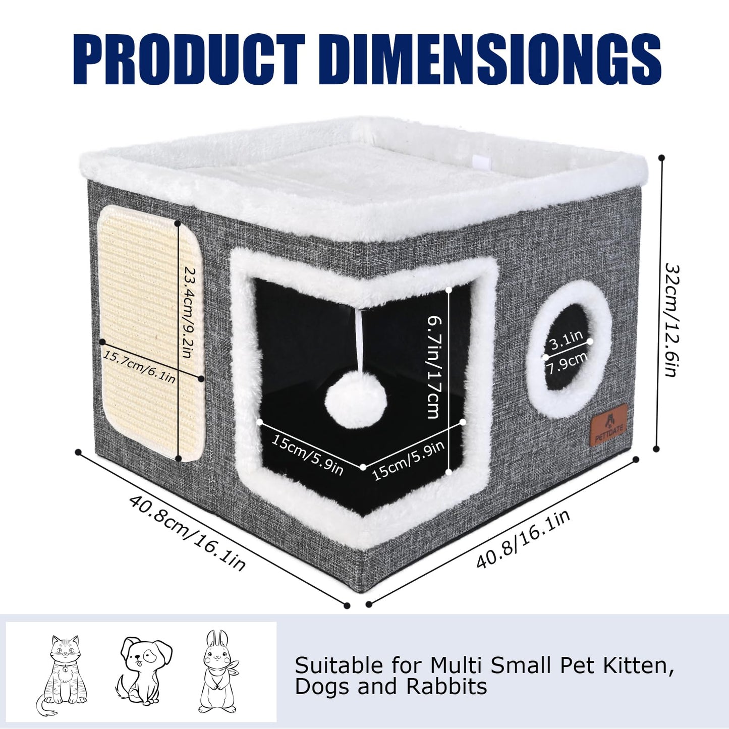 Cat House for Indoor Cats, Foldable Cat Bed with Scratch Pad and Fluffy Ball, Large Cat Cave 2 in1 Cat Hideaway with Reversible Cushion for Multi Small Pet, Grey