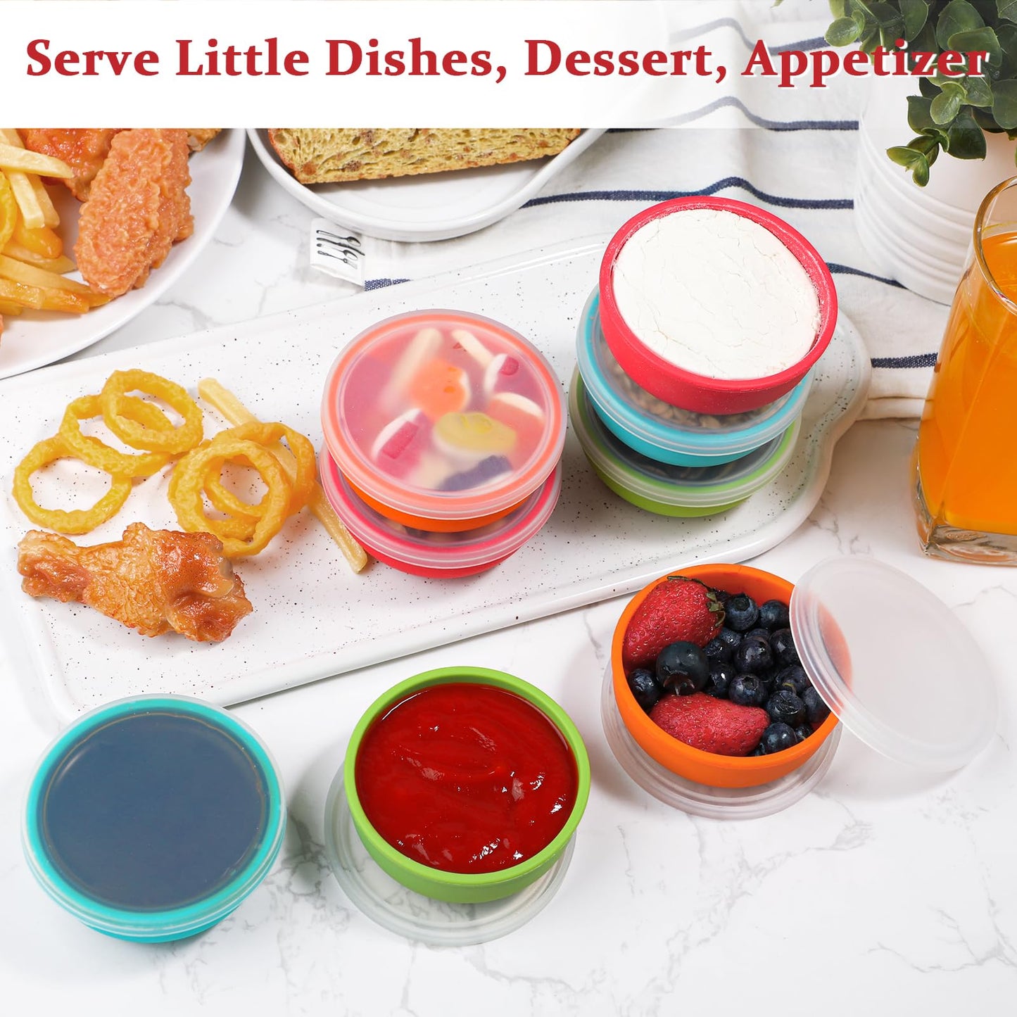 Webake 3" Silicone Pinch Bowls for Cooking Prep, 2oz Small Dipping Bowls Sauce Condiment Containers with Lids, BPA Free Set of 8