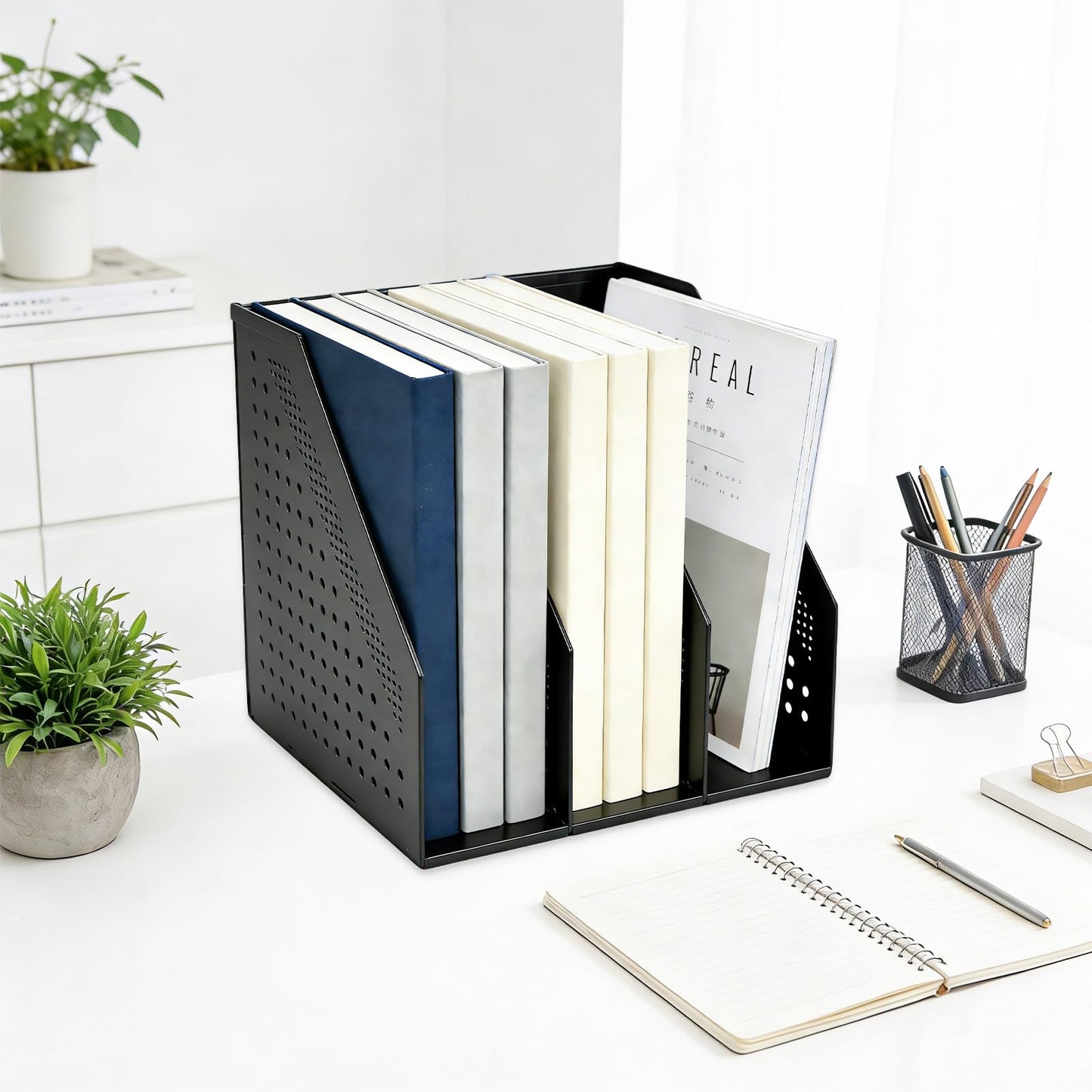 SAYEEC 2Pcs Collapsible Plastic Magazine File Holder Vertical Binder Storage Organizer for Desk Sturdy Upright Desktop Magazine Organizer Folder Rack for Office School Home (3 Compartments, Black)
