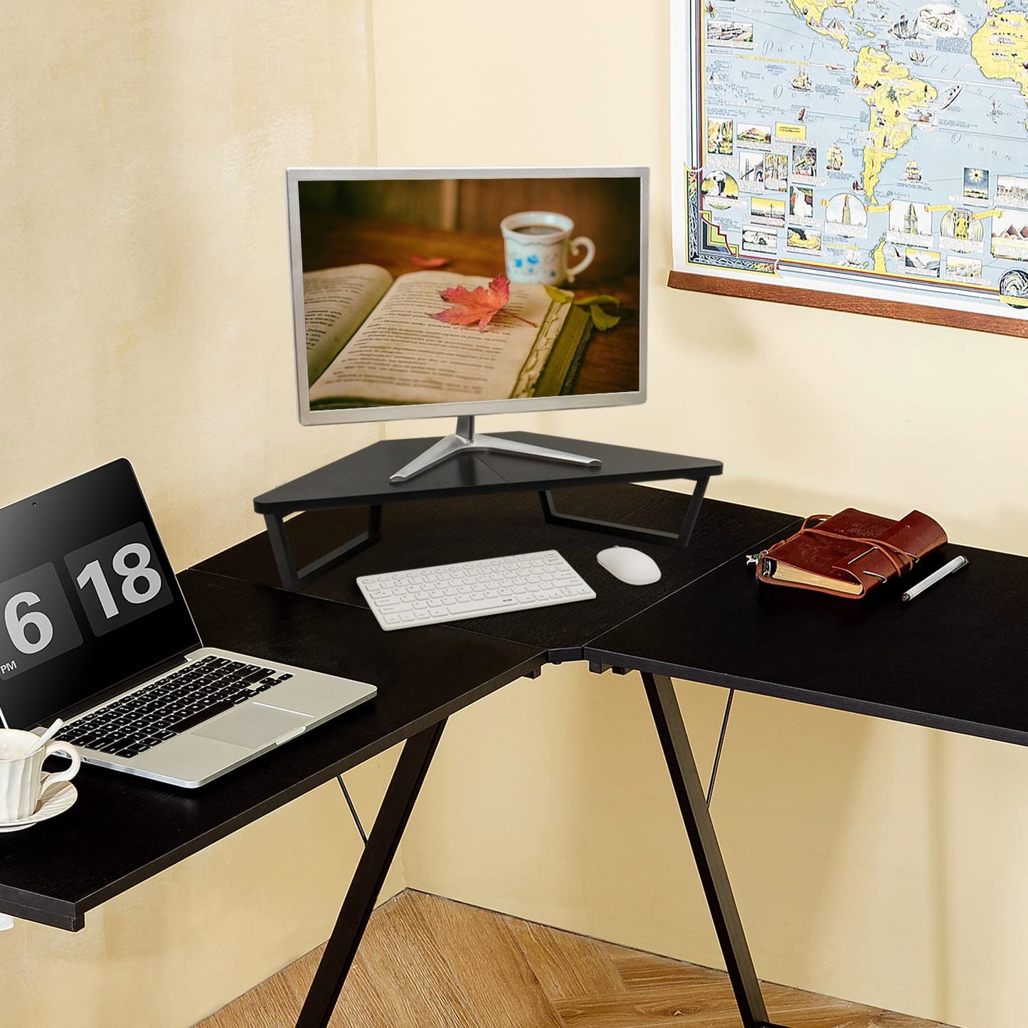 TEAMIX Triangle Monitor Stand Riser-26 inch, Desktop Corner Shelf with Metal Leg Wood Computer Stand with Storage Laptop Riser Office Organization