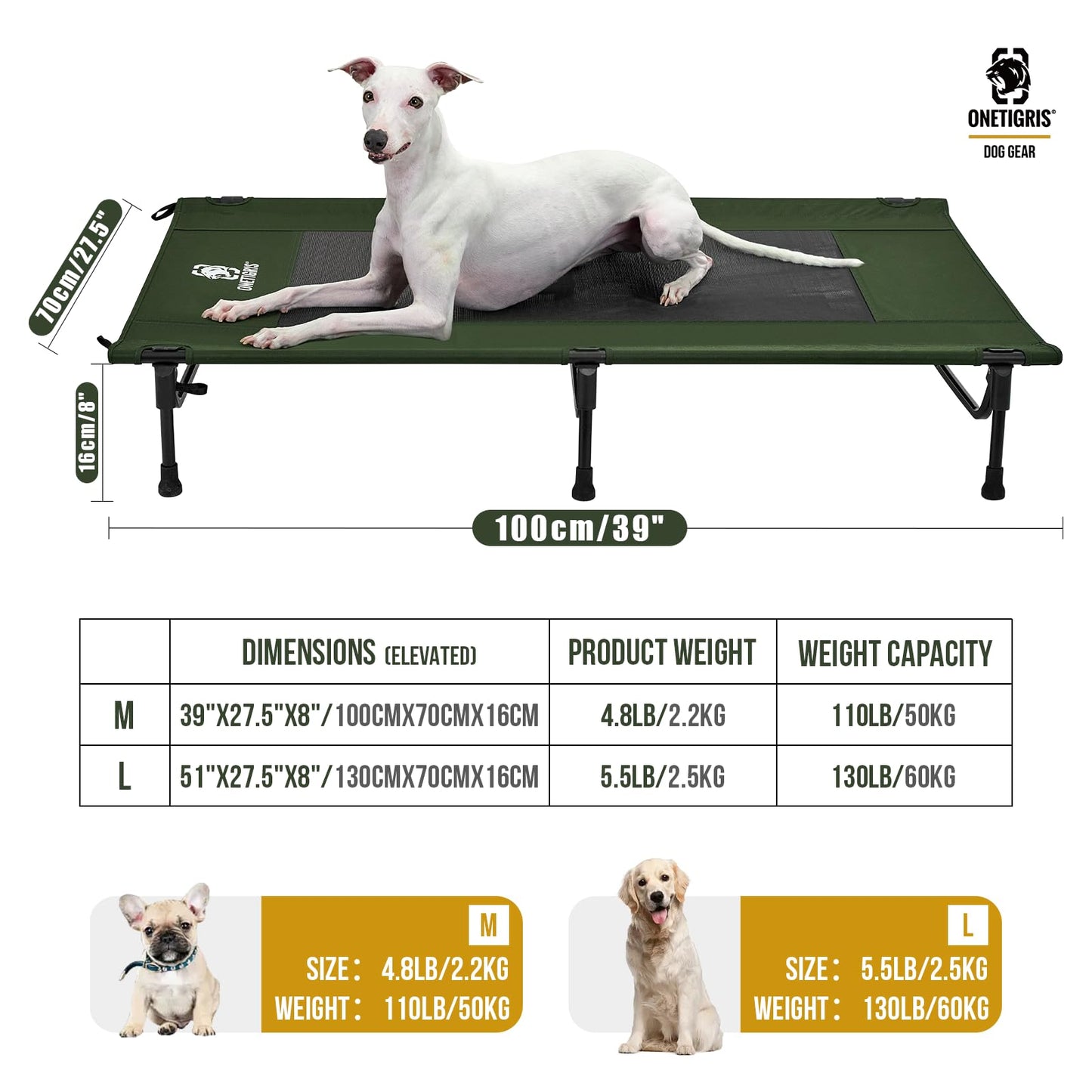 OneTigris Elevated Dog Bed, Outdoor Dog Cod Large Raised Dog Bed with Chew Proof Mesh, No-Slip Portable Dog Cot for Indoor & Outdoor Portable (Olive, Medium)