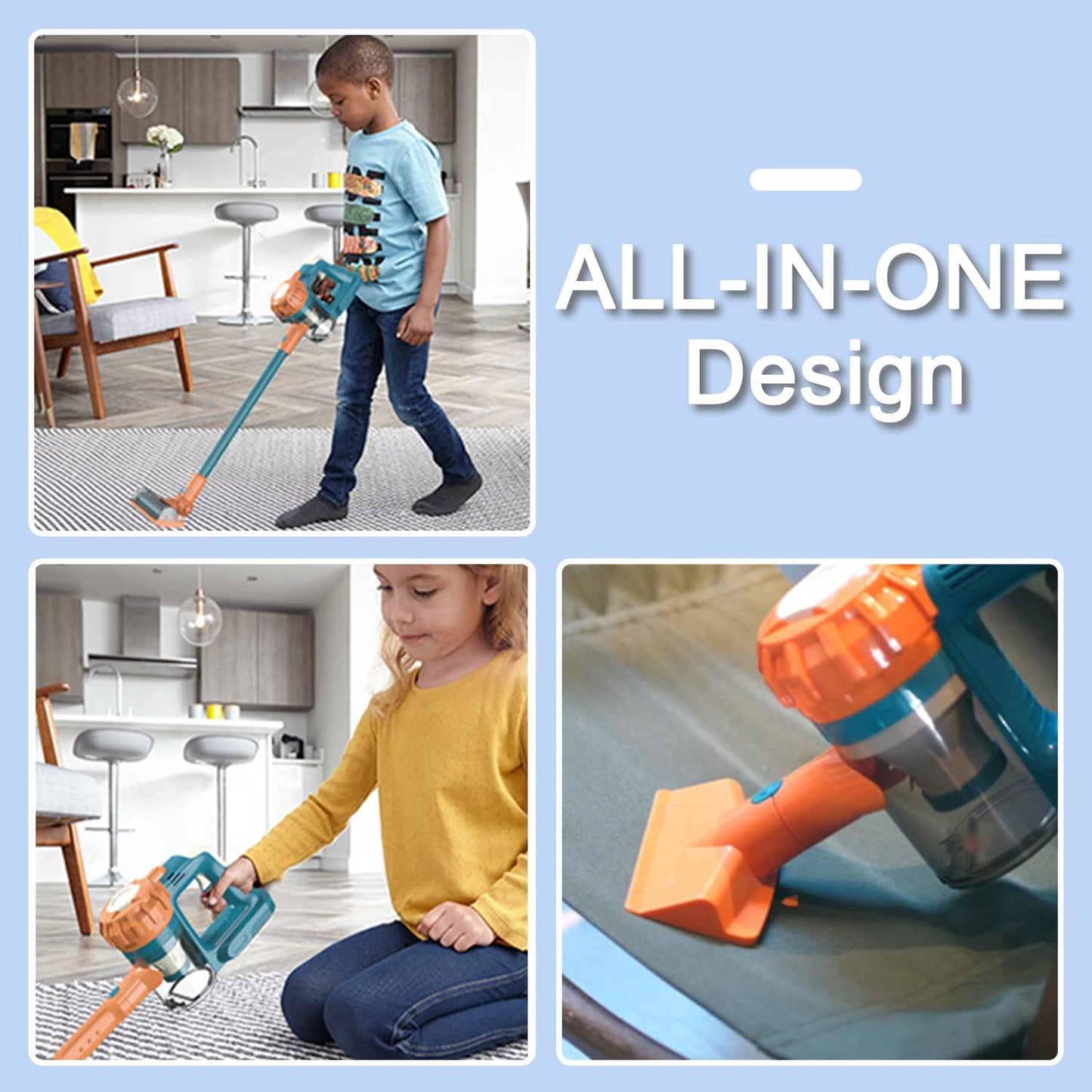 BAYMI 3-in-1 Kids Vacuum Cleaner That Works - Toddler Vacuum Cleaning Toy Set for Children Aged 3+, Kids Working Play Vacuum with Real Suction for Realistic Play (Blue)