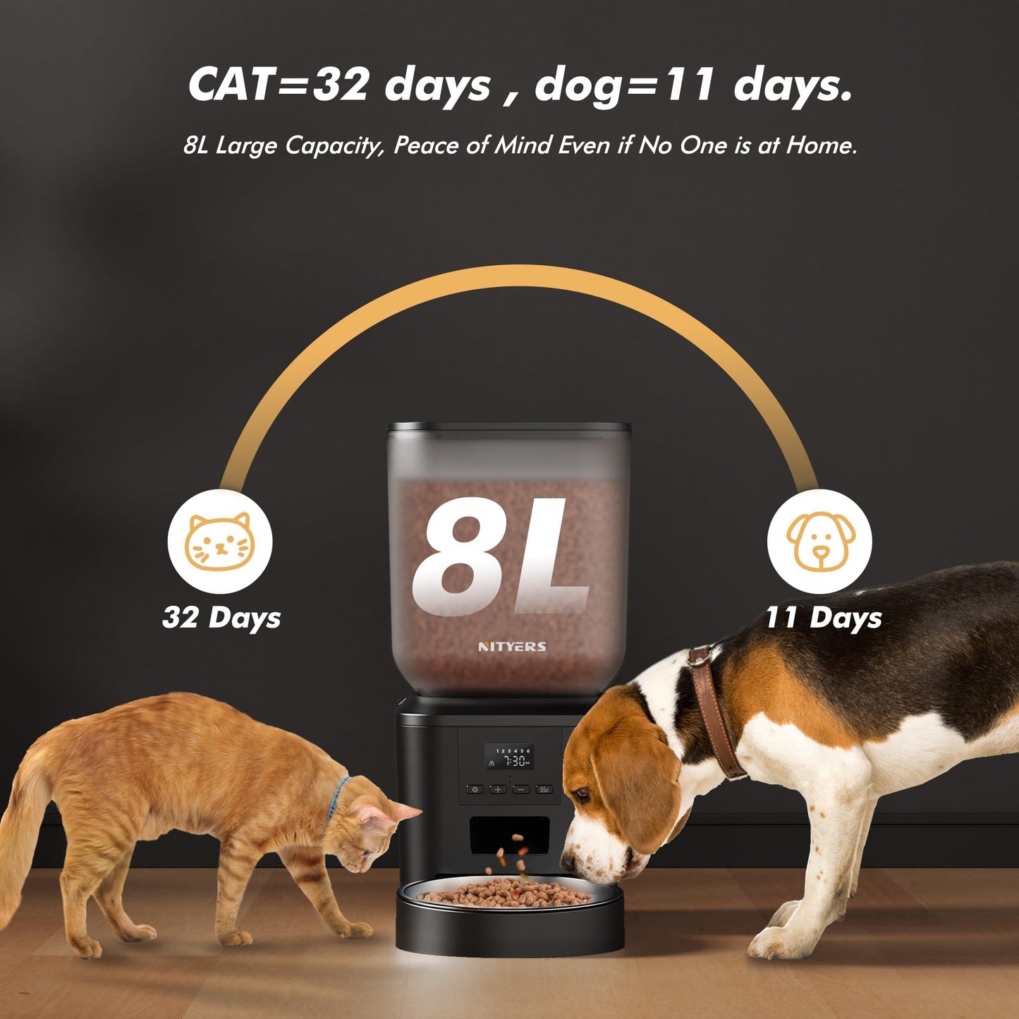 Automatic Cat Feeder - 8L/34 Cups Automatic Dog Feeder Timed Food Dispenser, Up to 50 Portions 6 Meals Per Day, Large Stainless Steel Food Bowl, Dual Power Supply (Black, One Bowl-Standard)