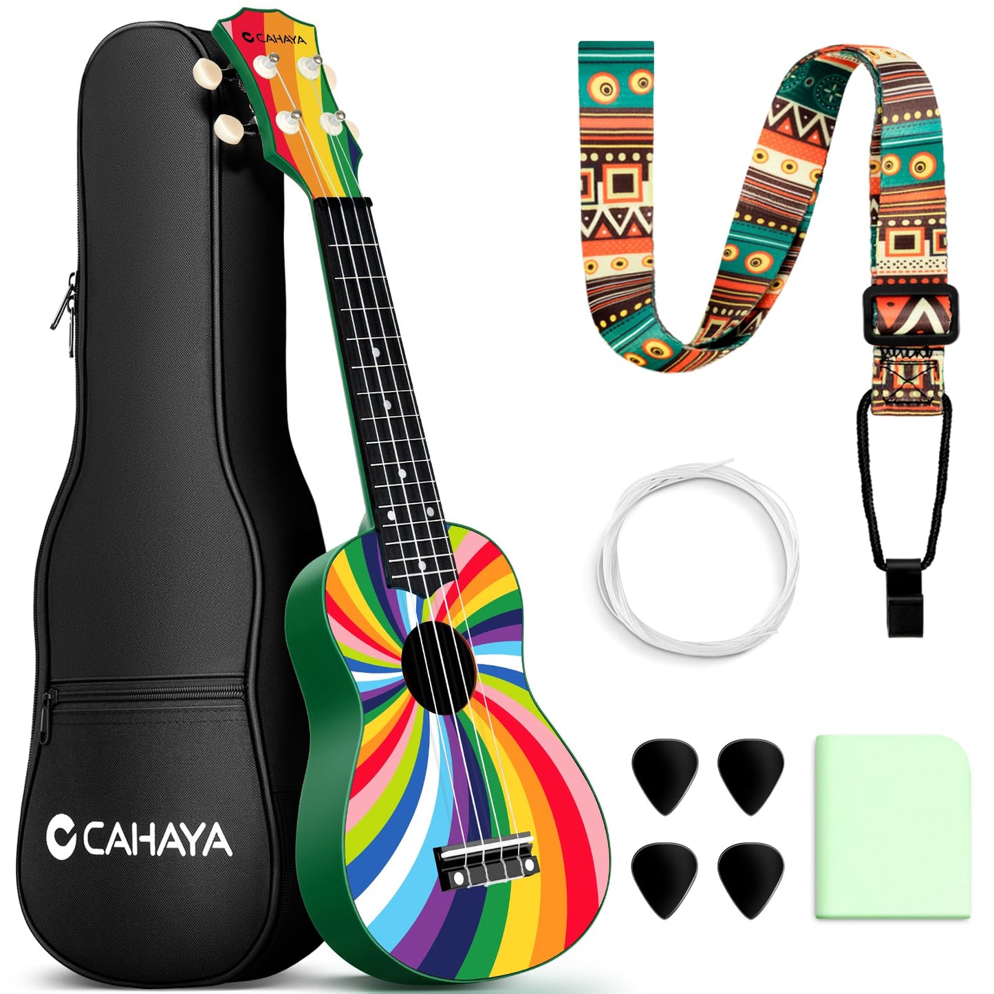 CAHAYA 21-Inch Cartoon-Themed Mahogany Soprano Ukulele Beginner Kit with Gig Bag, Colorful Strap, and Fretboard Stickers—Ideal for Kids and Adults, Hawaiian Ukulele Gift Set (Rainbow)