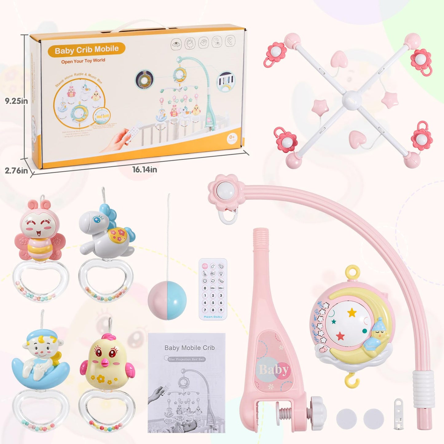 BOBXIN Baby Musical Crib Mobile for Bassinet with Projector and Night Light,150 Music,Timing Function,Take Along Mobile Music Box and Rattle,Toy for Newborn Girls Boys 0-12 Months