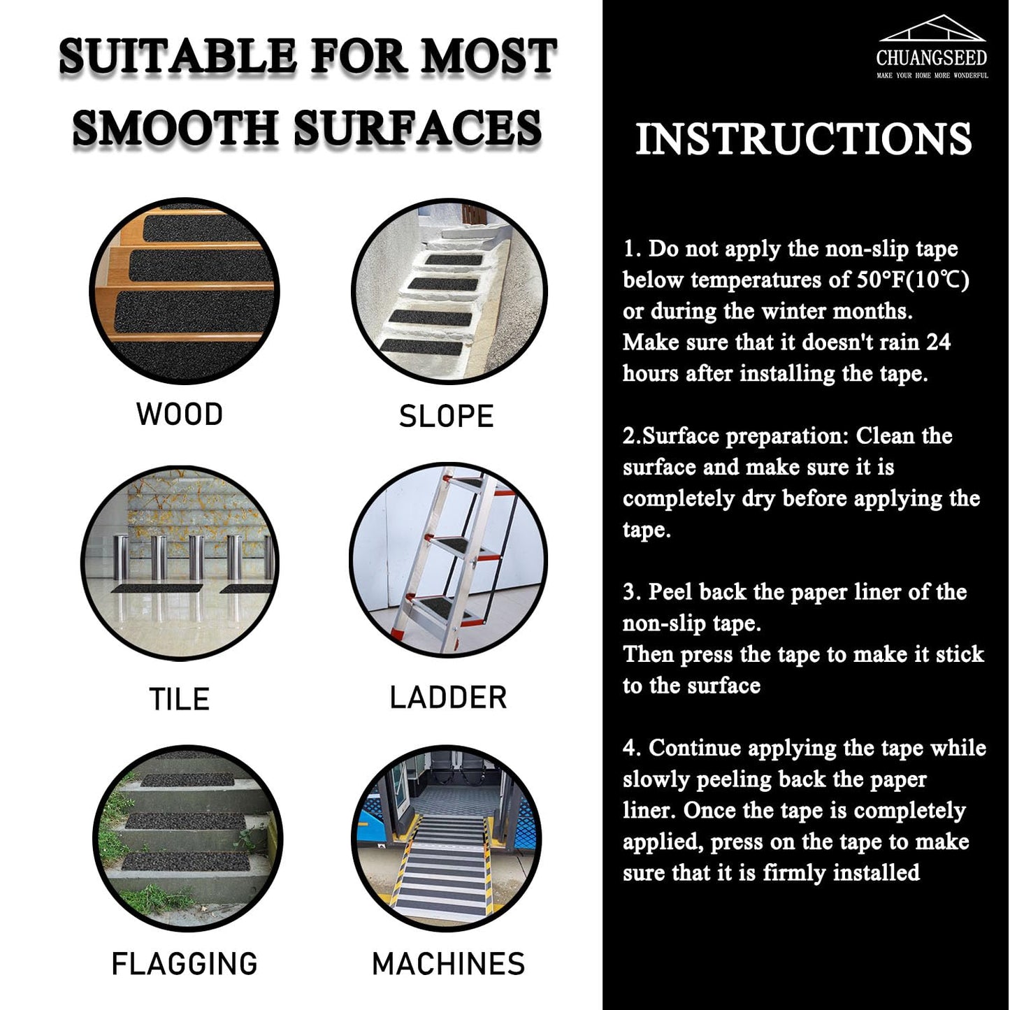 CHUANGSEED 12-Pack Stair Non-Slip Tape 8''x30'' Anti Slip Tape Heavy Duty Black Anti-Slip Outdoor treads Grip Tape High Traction Adhesive Treads Suitable for Most Slippery Surfaces