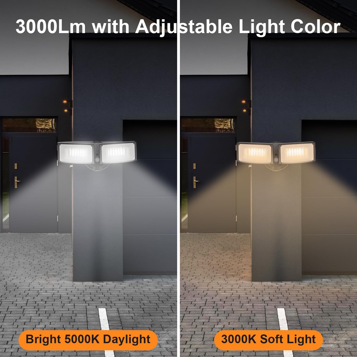 CELAVY 30W 3000 Lumen LED Dual-Head Flood Light Outdoor, Metal Exterior Metal Security Lights, 3000K/5000K Light, IP65 Waterproof Wall/Eave Mount Flood Light for Garage, Patio, Yard (Black)