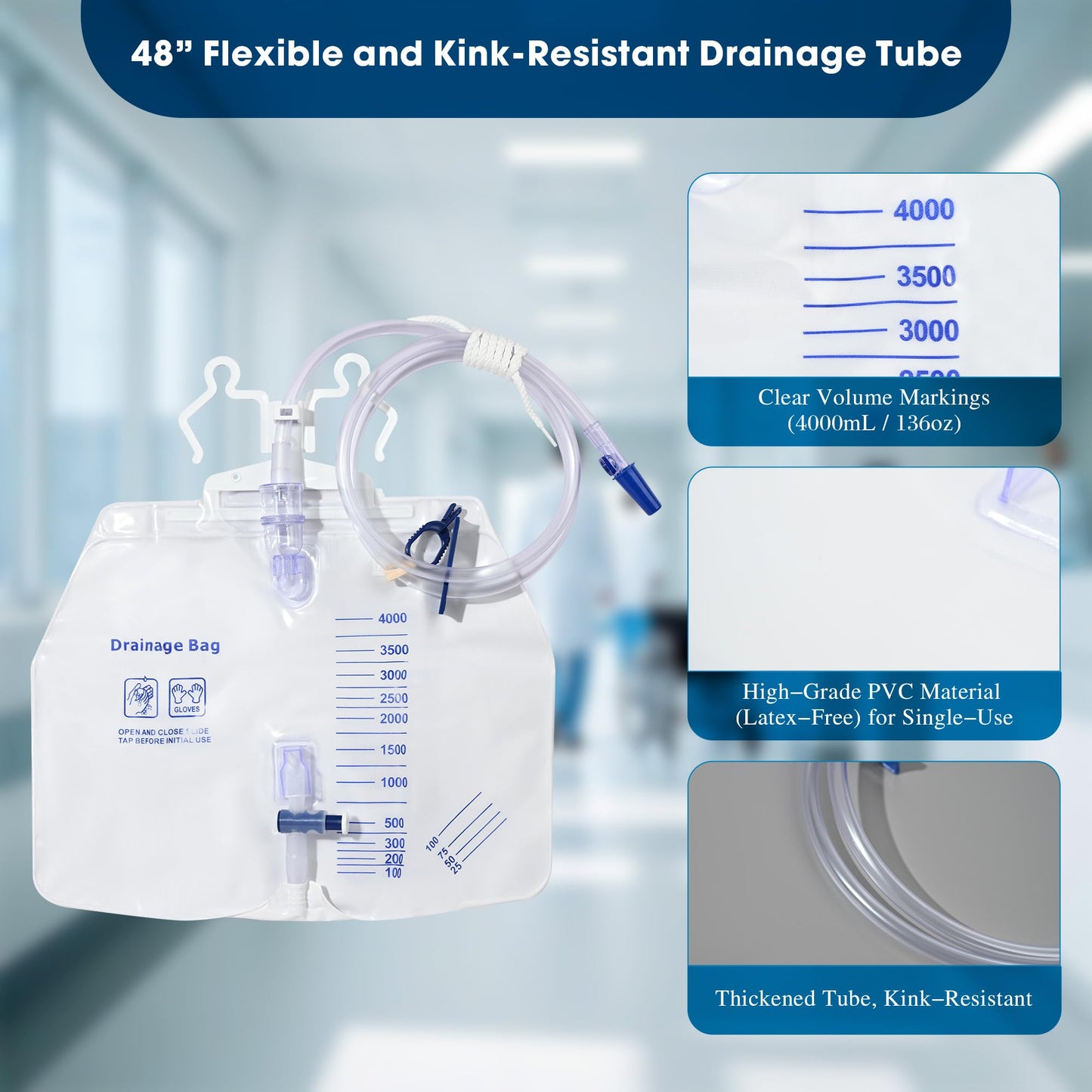 BeHerk 4000mL Catheter Bags for Men and Women 10 Pack Professional Urinary Drainage Bags with Enhanced Anti-Reflux Drip Chamber, 48” Thickened Drainage Tube, Adjustable Clips & Hanging Hook