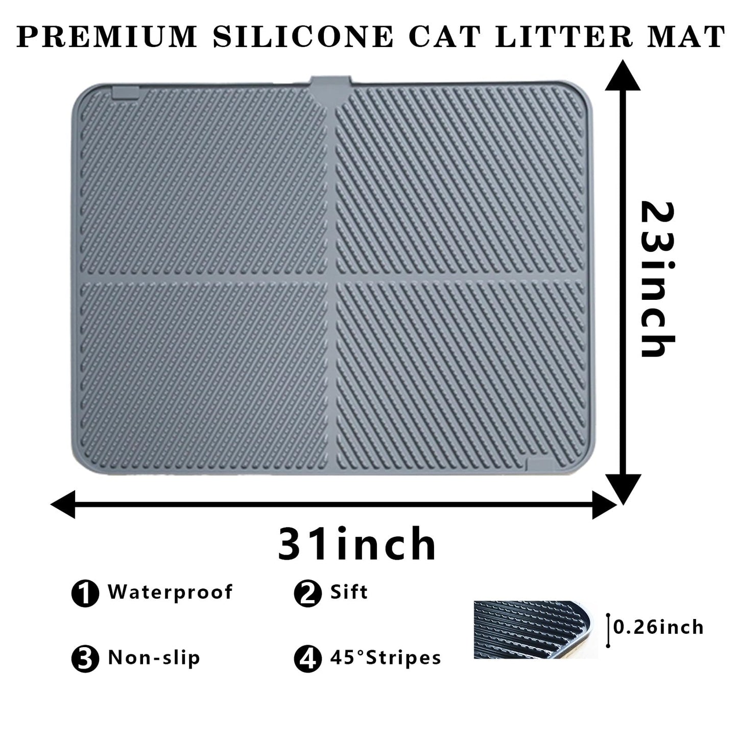 windhunt Silicone Cat Litter Mat,Extra Large Litter Trapping Mat,Waterproof Litter Box Mat for Floor,Easy Clean,Non-Slip Litter Catcher Mat,Cat Supplies Needs (Grey, 31x23x0.26 in)