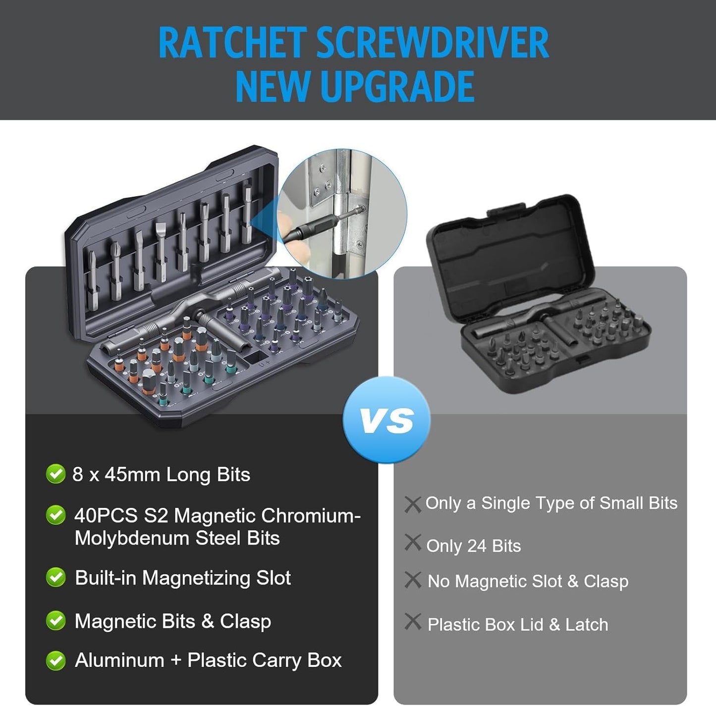 AMIR 42 in 1 Ratchet Screwdriver Kit for Father's Day Gift, with 40 PCS Magnetic Bits, Repair Screwdriver Set with Rotatable Ratchet Handle, Versatile Handle Screw Driver Set with Carry Case(Gray)