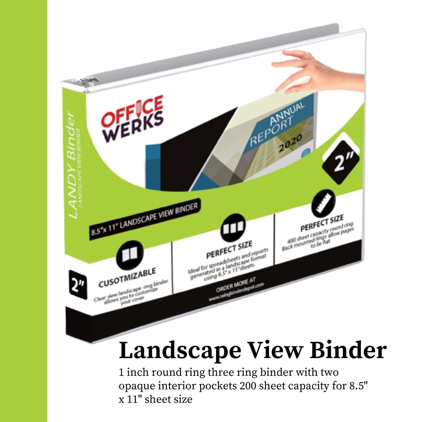 8.5" X 11" Landscape View Binder, 3-Ring 2 Inch Capacity Round Ring, White Horizontal Formatted with Clear Cover Pockets for Documents, Spreadsheets, Projects and More