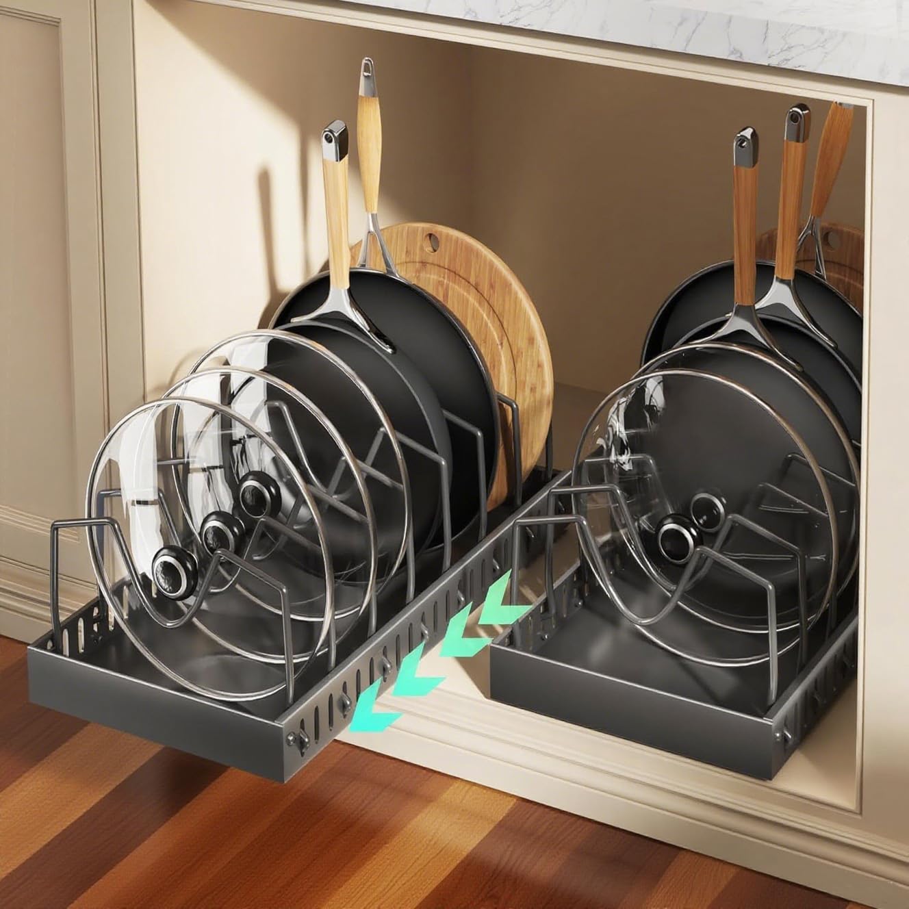 Pull Out Pots and Pans Organizer Under Cabinet - 2 Pack Black, Sliding Lid Holder & Pan Rack with 8 Adjustable Dividers, Easy Access Kitchen Storage for Lids, Bakeware, Dishes (Tool-Free Installation)