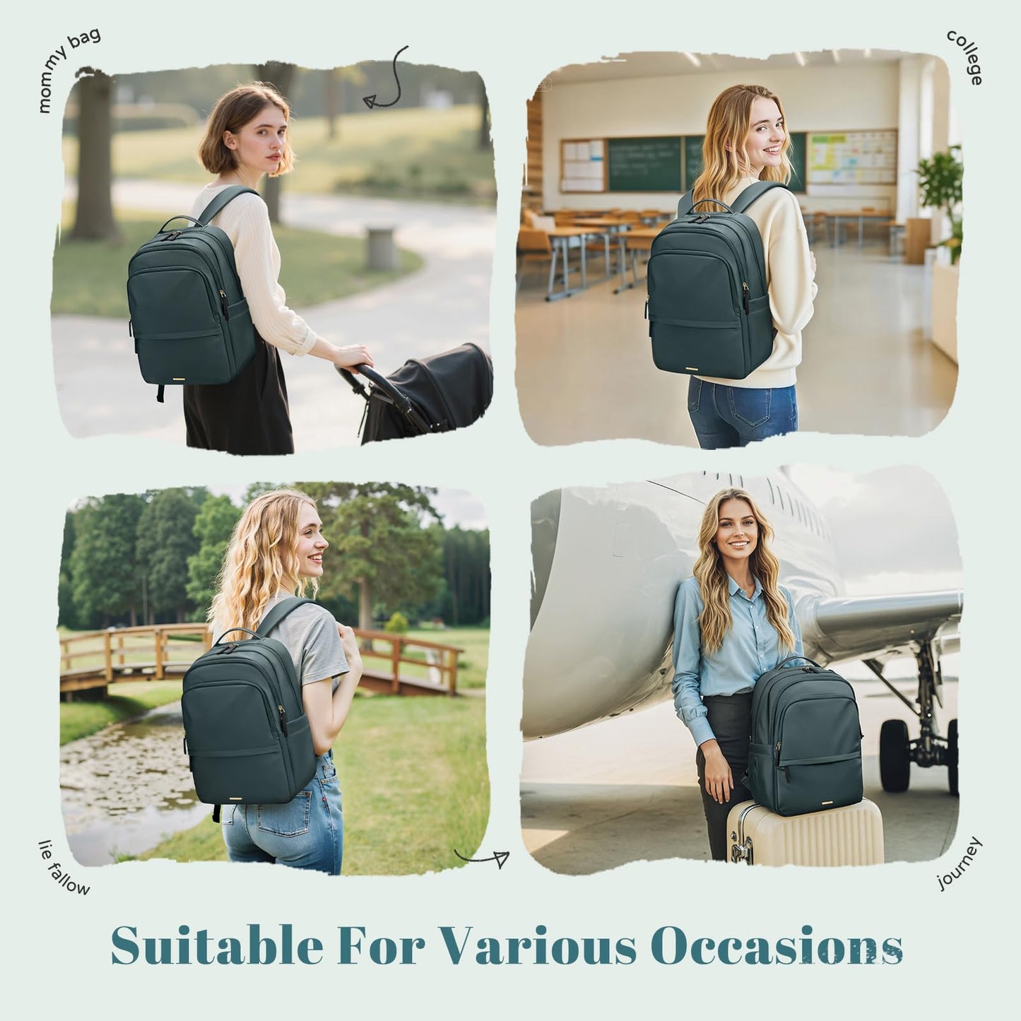 Multifunctional Laptop Backpack for Work Travel Leisure Water-Resistant Multiple Compartments Business Backpack for Women Fits 15.6 Inch Notebook (Atrovirens)